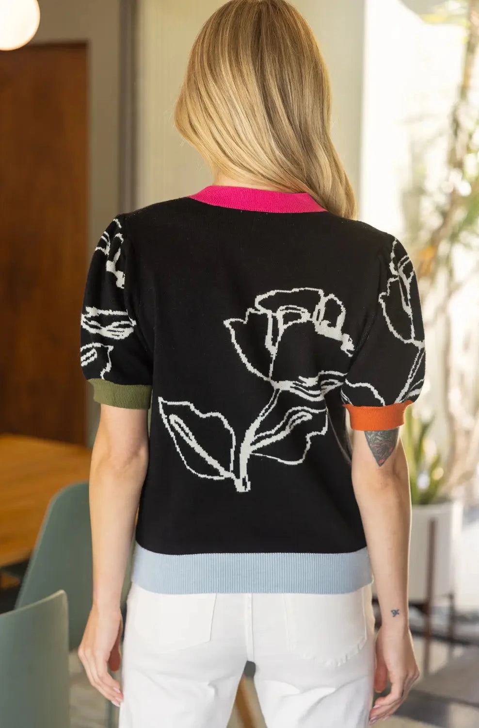 Color Block Ribbed Band Floral Knit Top