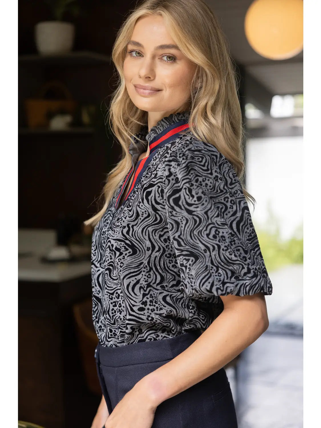 Stripe Trim Detailed V-Neck Animal Print Top