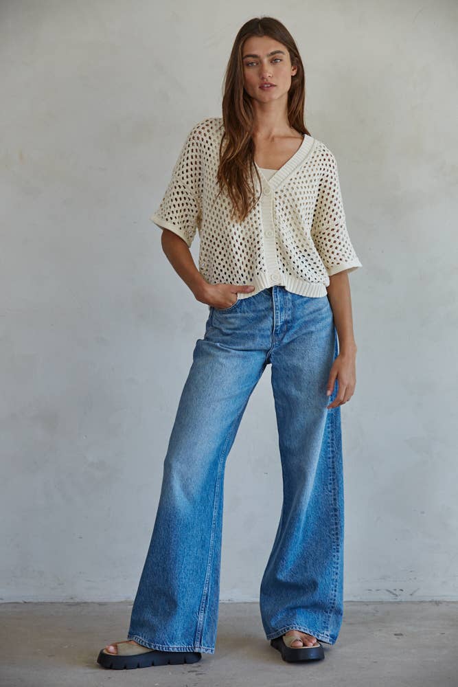 Knit Sweater Cotton See Through V-Neck Cardigan