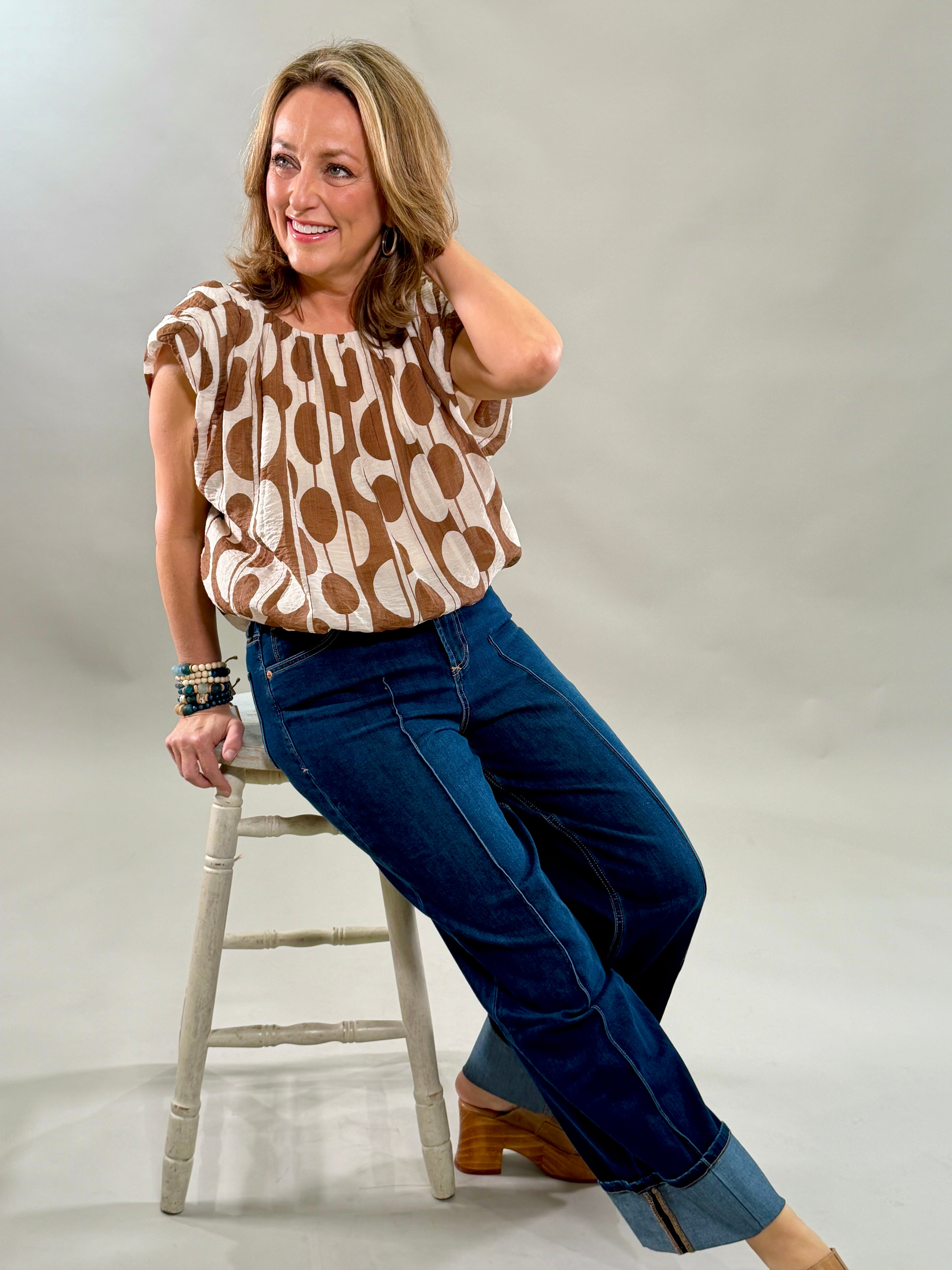 Brown Geometric Bubble Hem Top