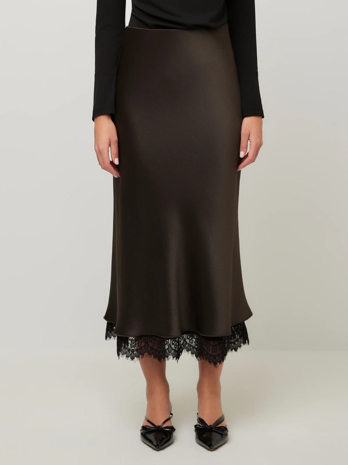 Lace-Trim Satin Midi Skirt