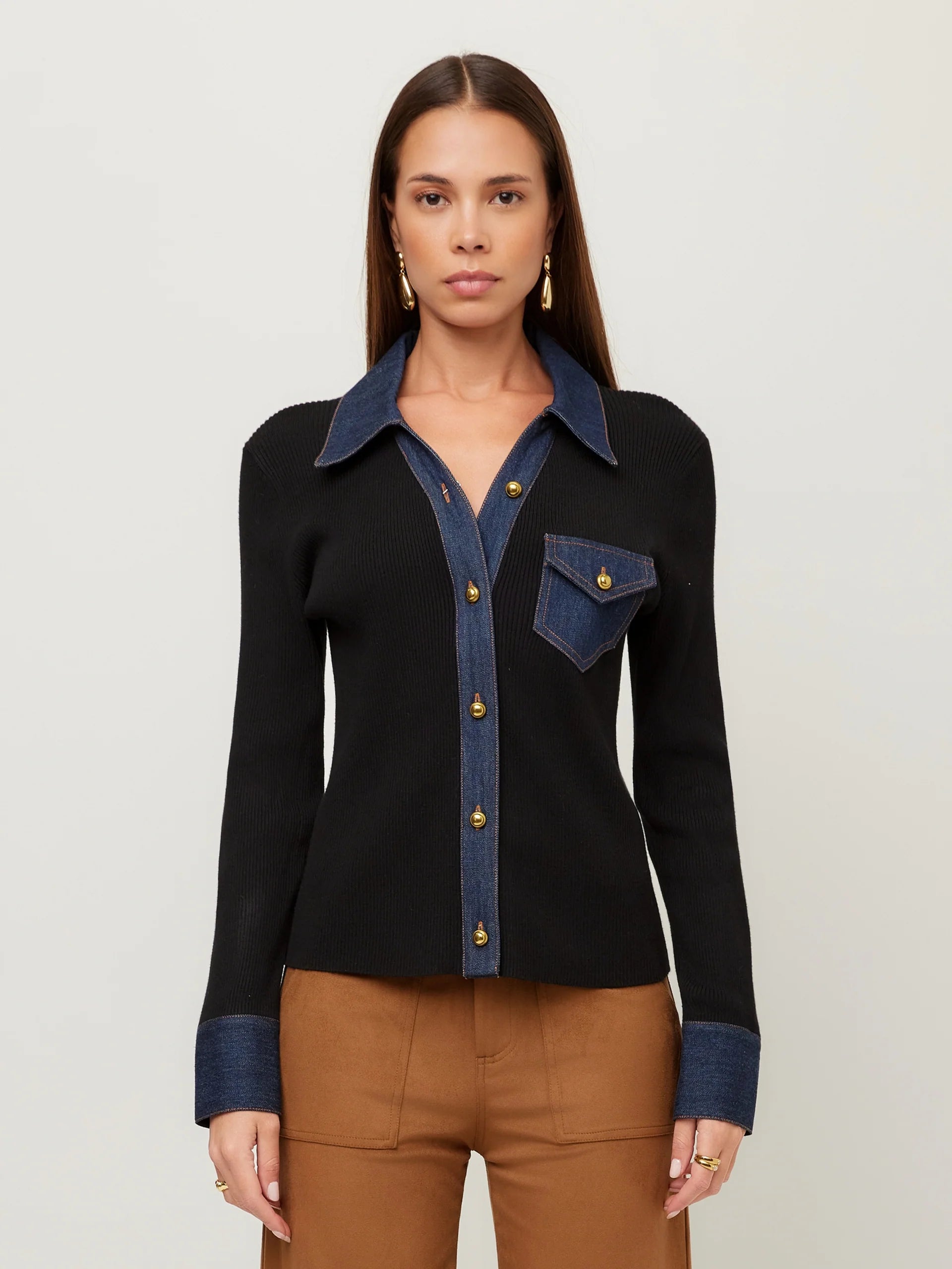 Denim-Trim Ribbed Knit Top