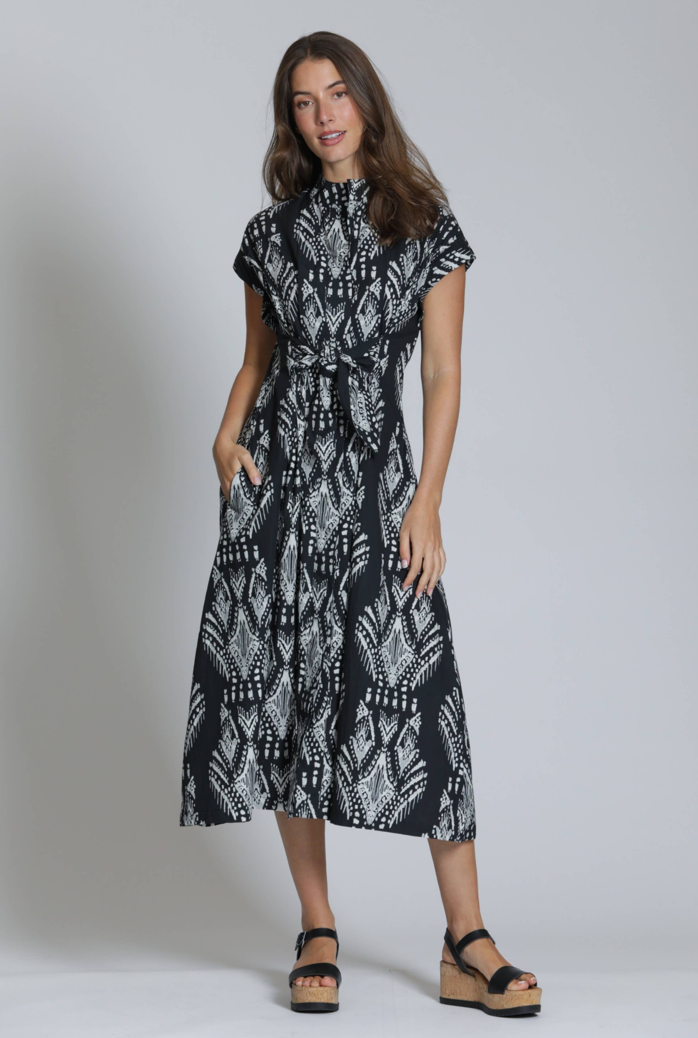 Patterned Tie-Front Midi Dress