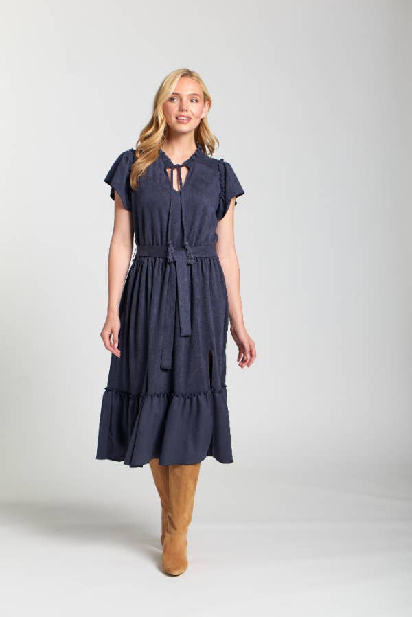 Navy Vegan Suede Short Sleeve Dress With Smocked Sleeves