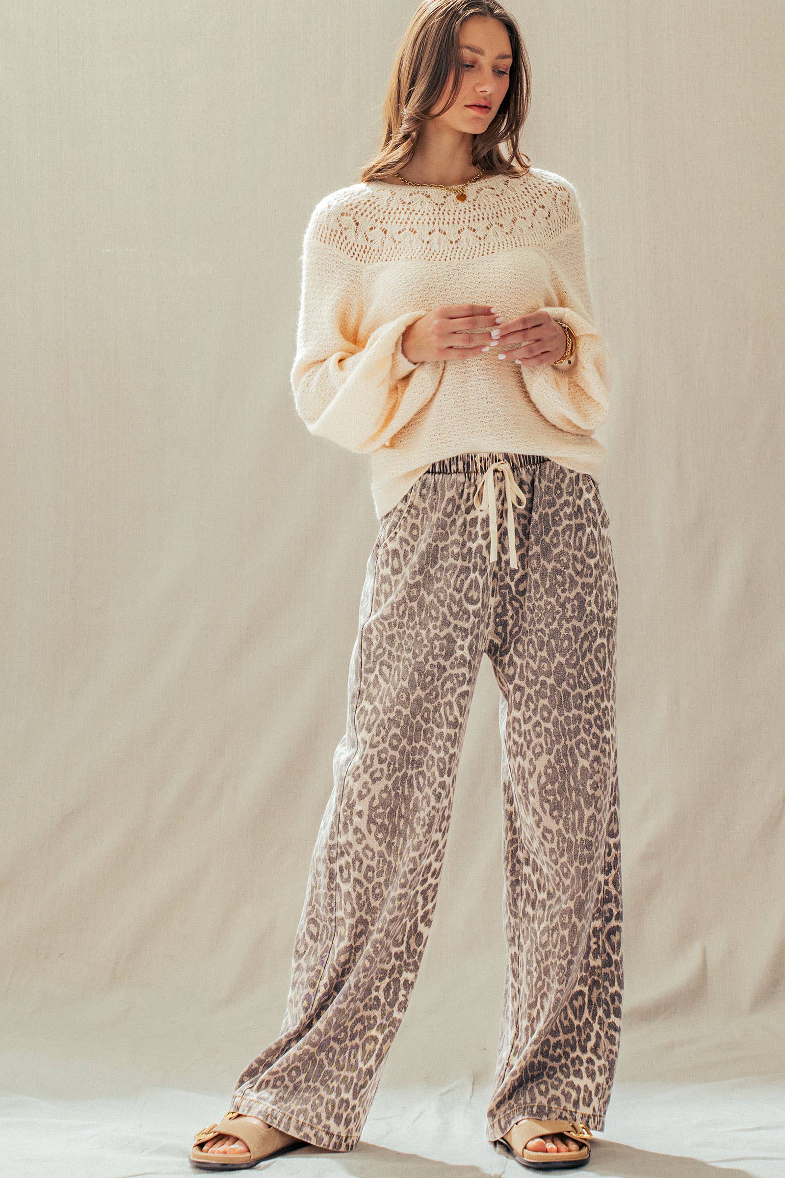 Leopard Print Wide Leg Cotton Pants