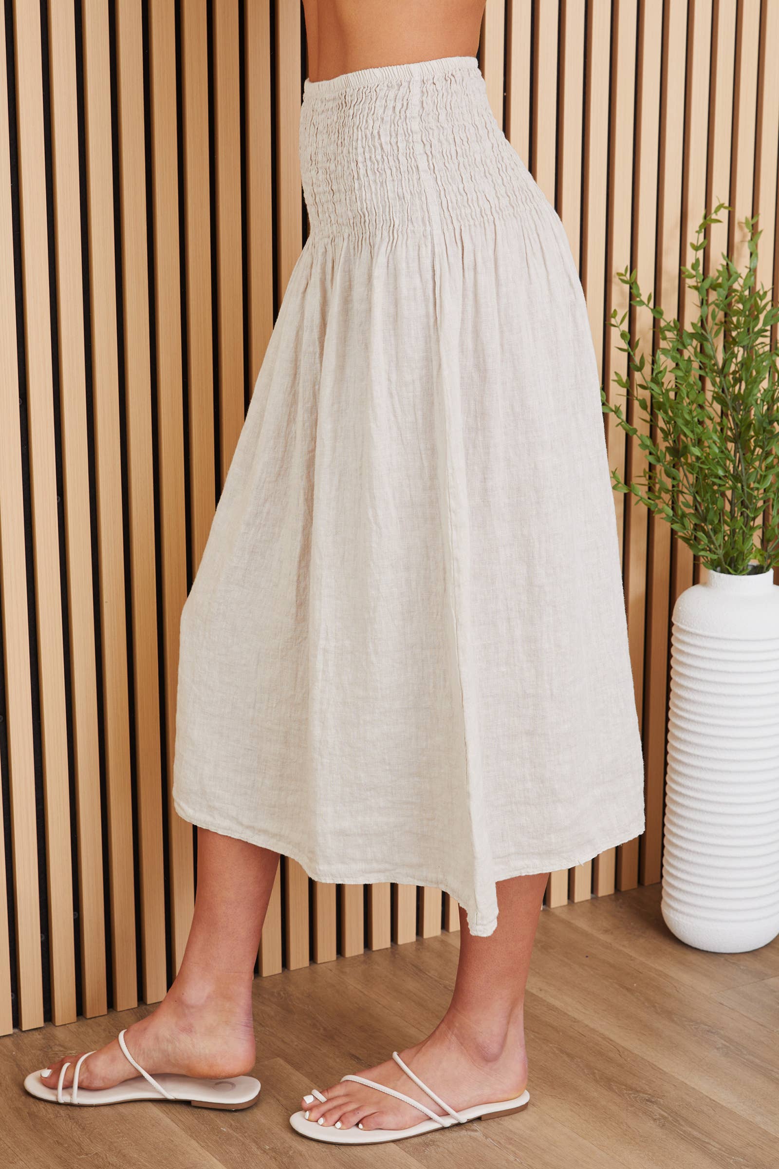 Linen Shirred Waist A-Line Skirt