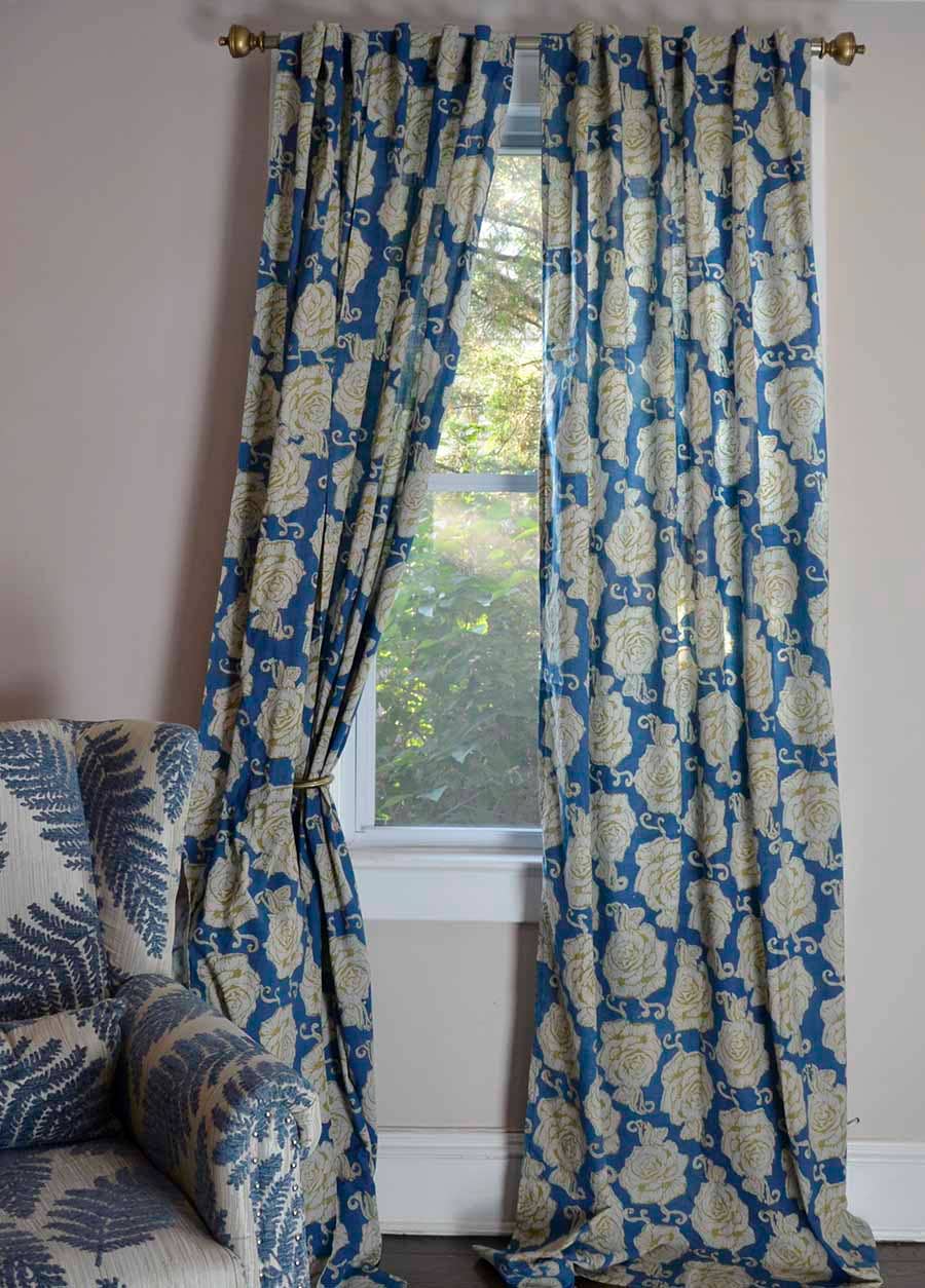 Light Blue & Gold Window Room Curtains Drapes - Rose Gold