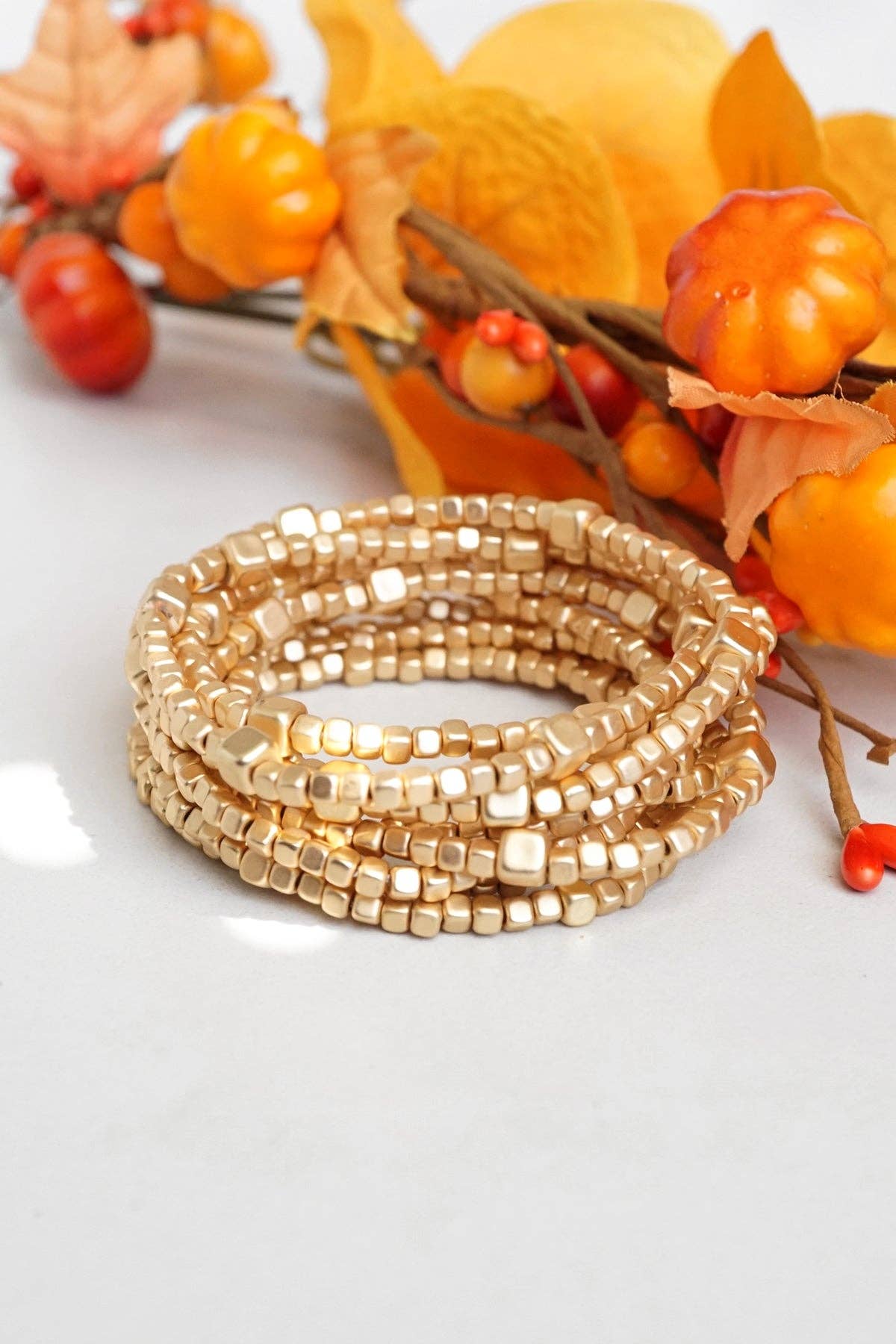 Beaded Bracelet Set Cube Beads Gold Tone