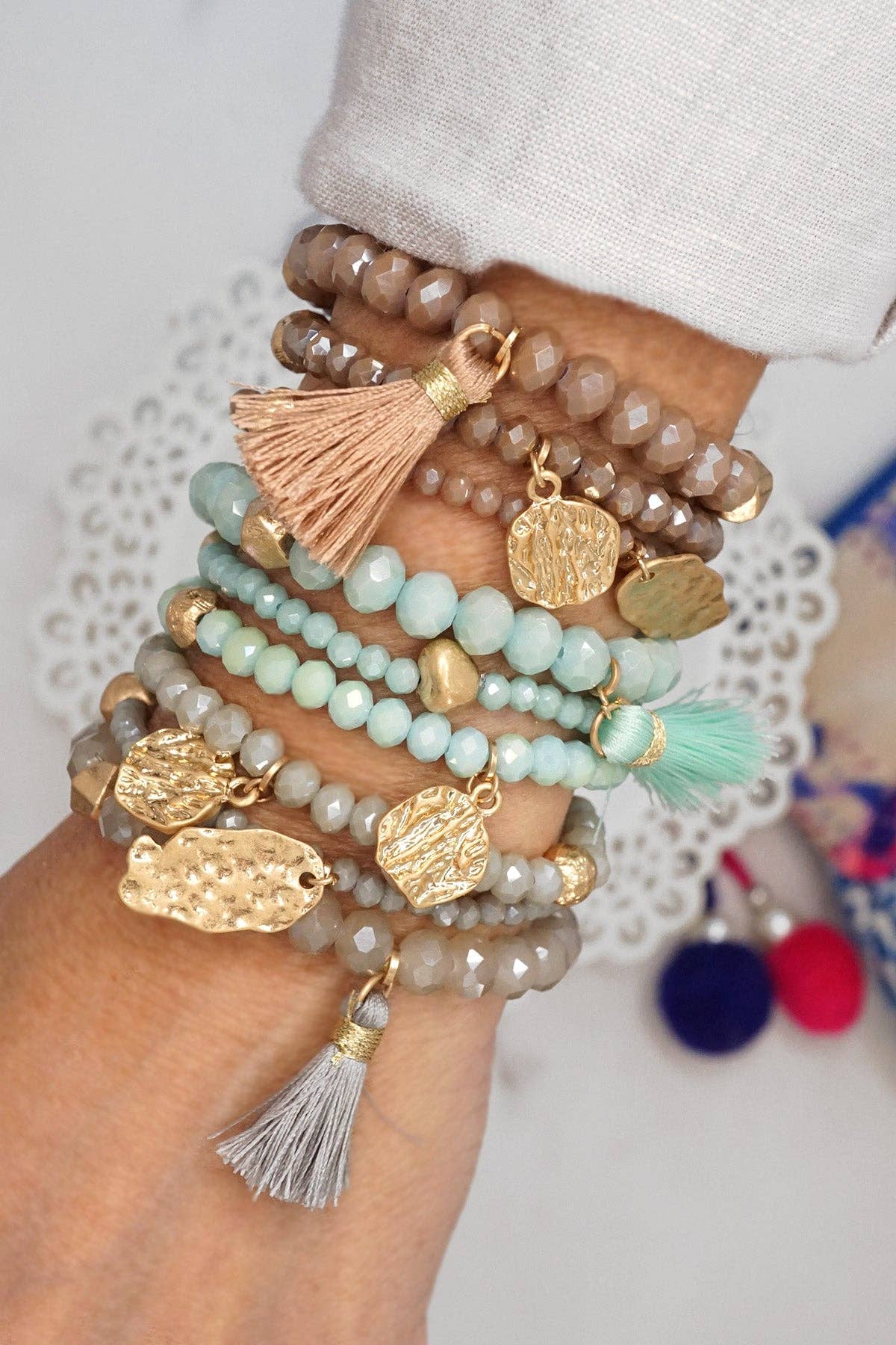 Beaded bracelet stack with tassel coin Aqua Taupe Rose Black