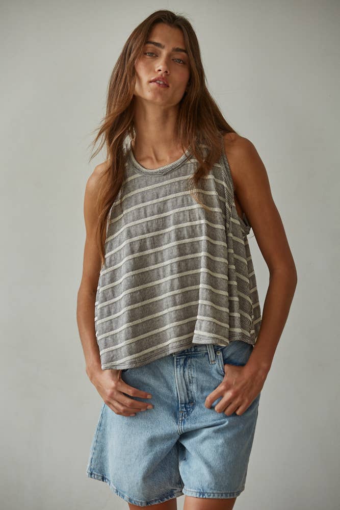 Knit Striped Round Neck Sleeveless Tank Top
