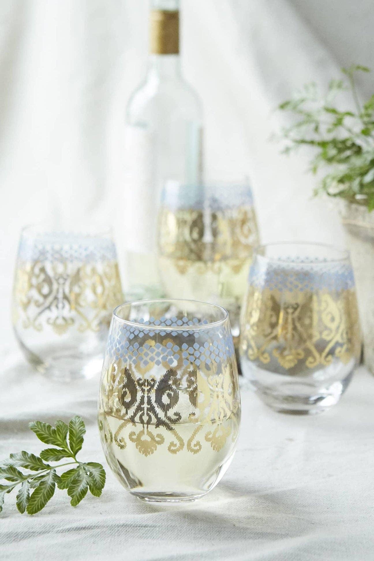 Golden Ikat Stemless Wine Glass