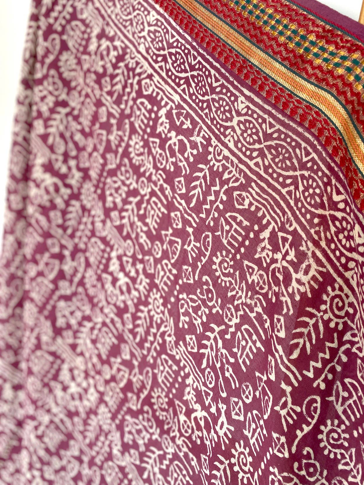 Naturally Dyed Block Printed Zari Sarong - Red Pigment