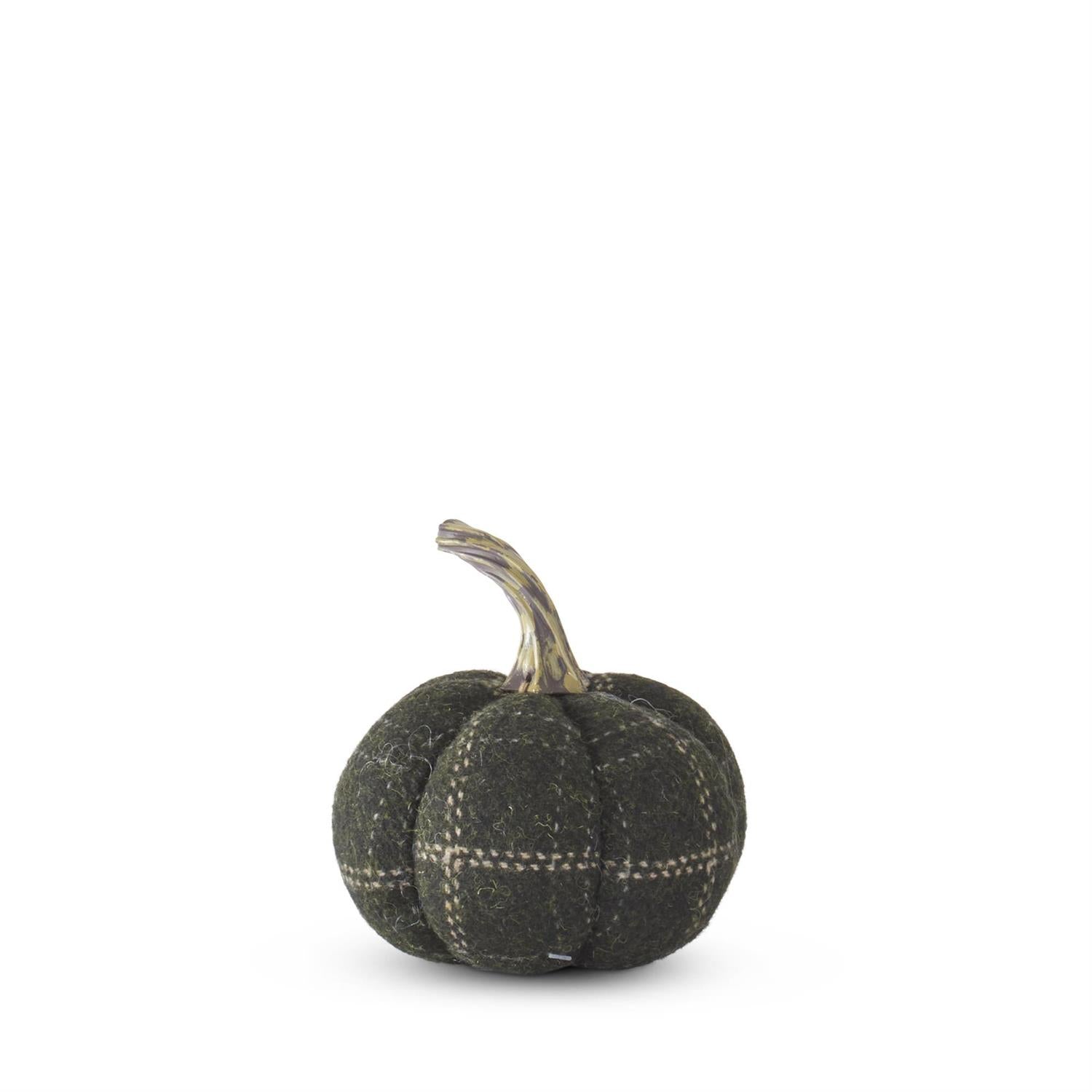 4.5 Inch Green and Tan Plaid Fabric Pumpkin