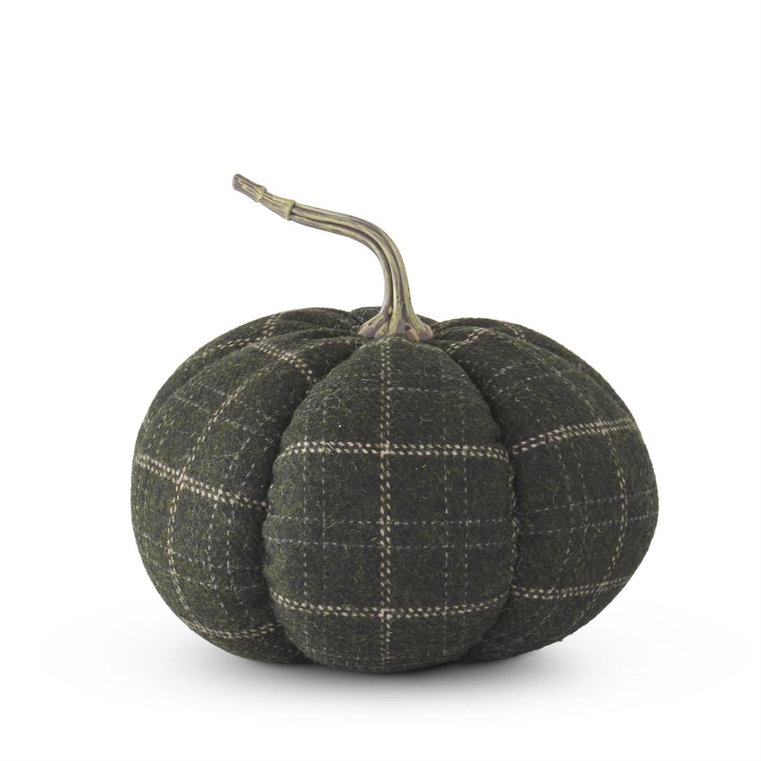 8 Inch Green and Tan Plaid Fabric Pumpkin