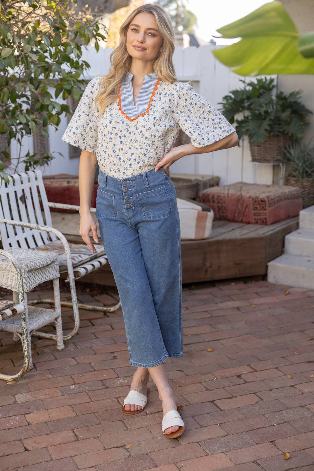 Floral Embroidered Striped Color Block Top