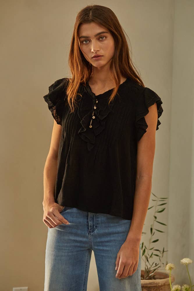 Woven Cotton Linen Button V-Neck Short Sleeve Top