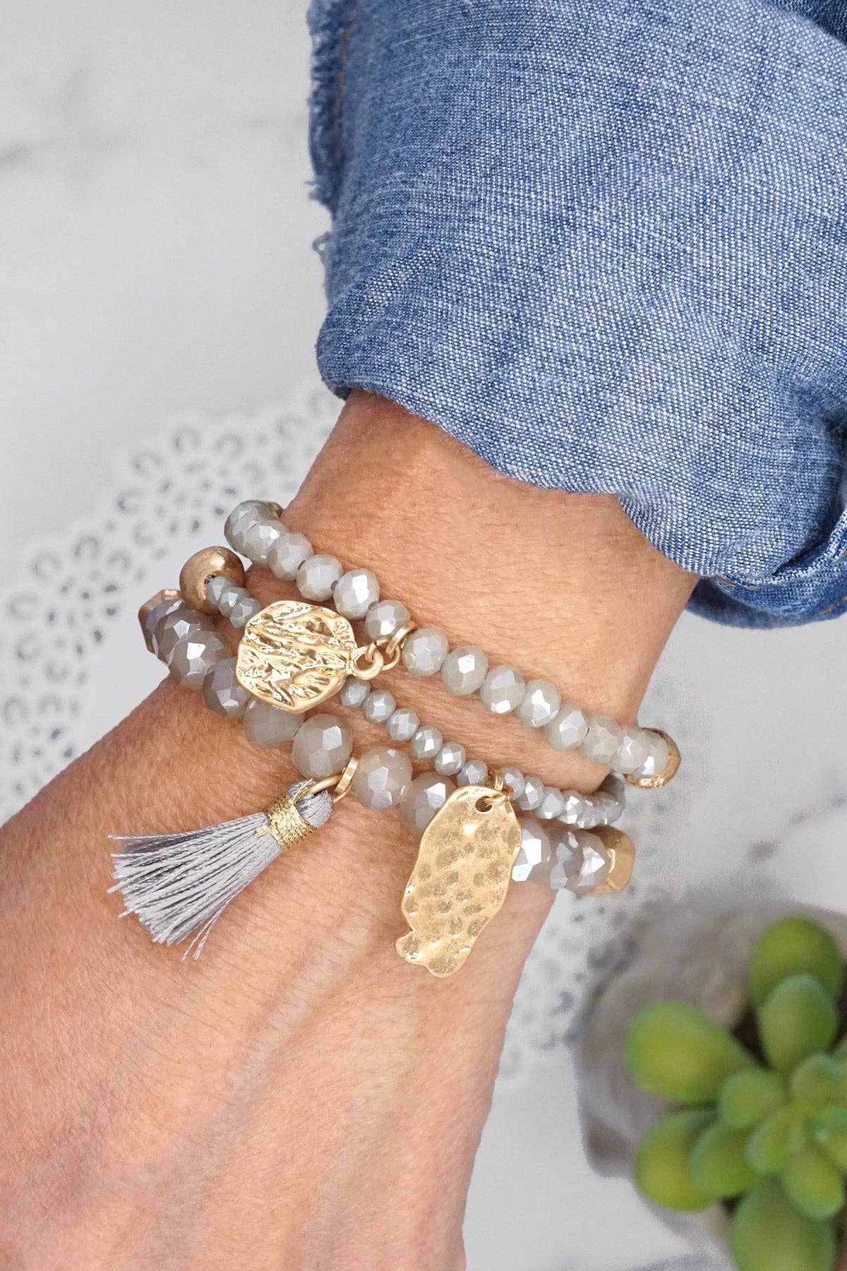 Beaded bracelet stack with tassel coin Aqua Taupe Rose Black