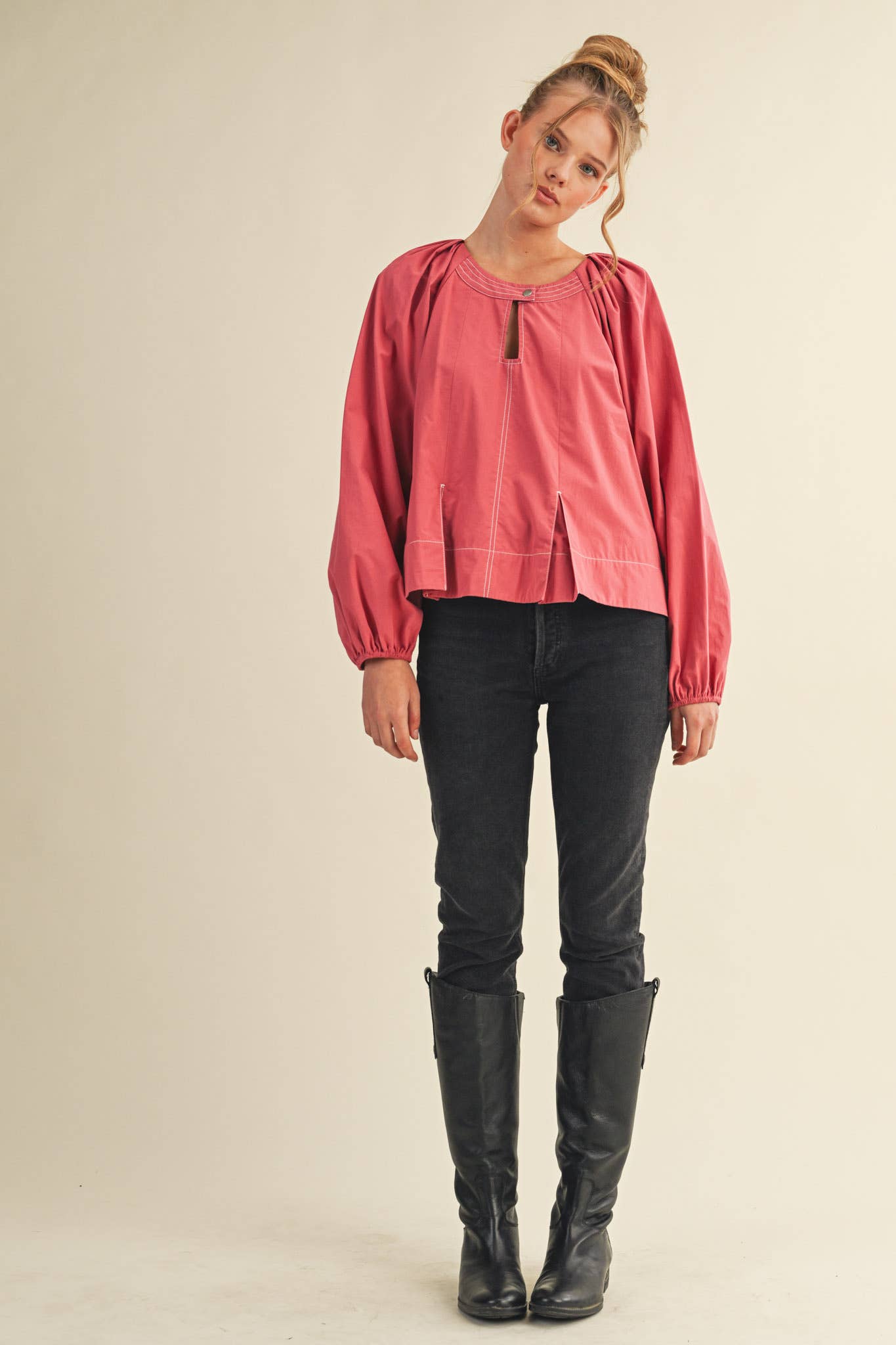 Contrast Stitch Pleated Blouse