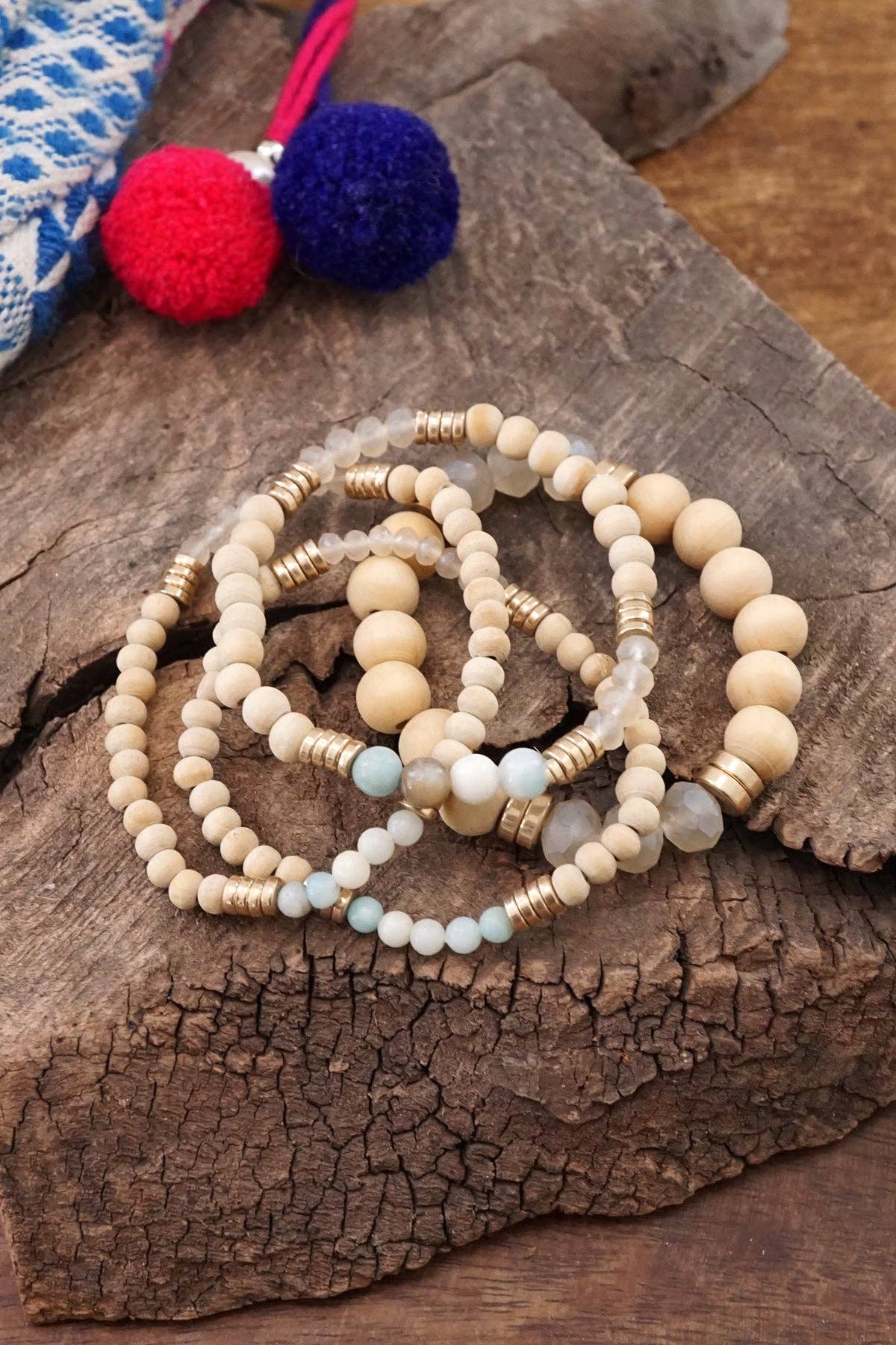Beaded Bracelets stack of 4 piece with Natural Wood and Semi