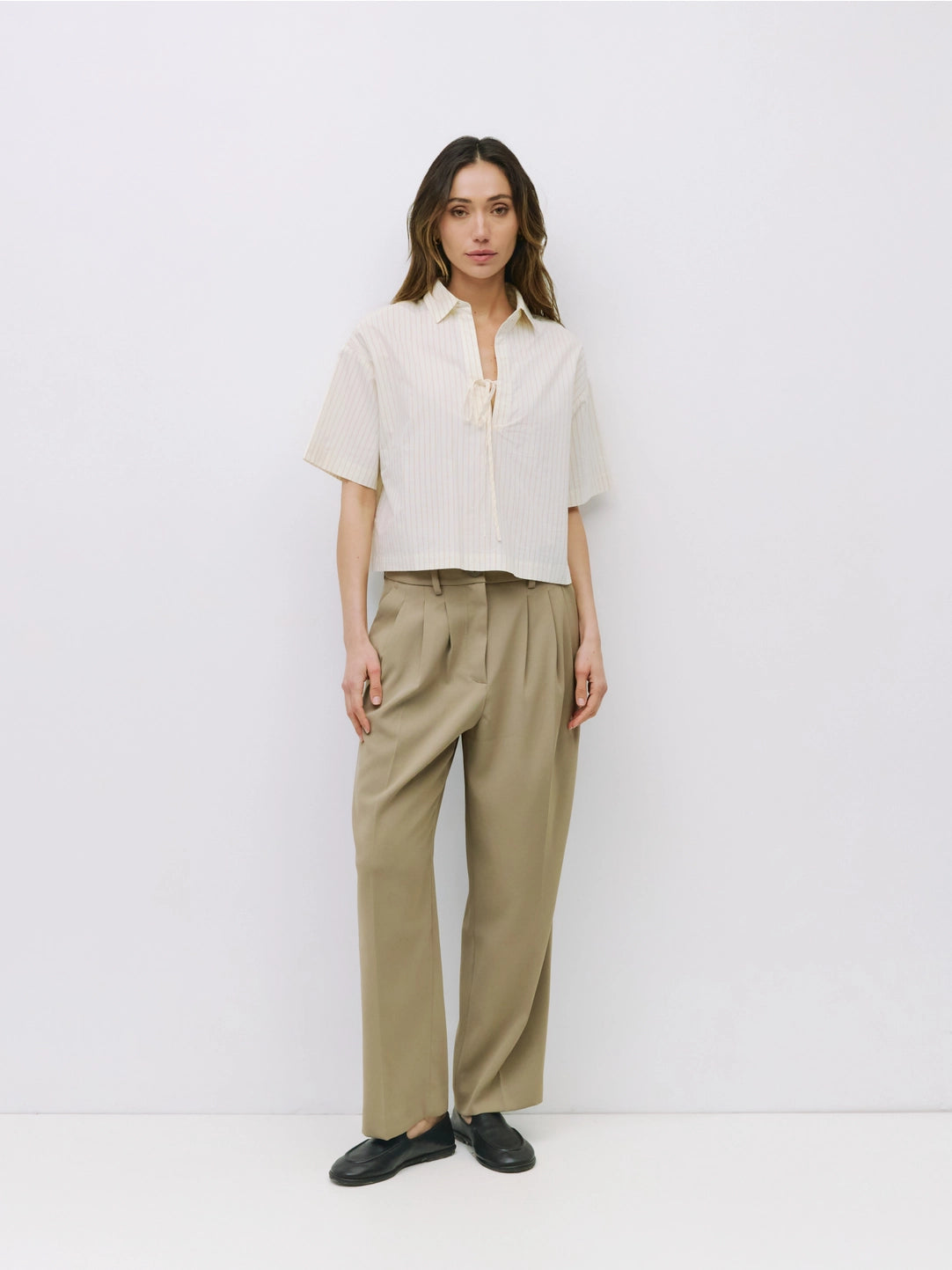Pinstripe Oversized Tie Front Collared Shirt