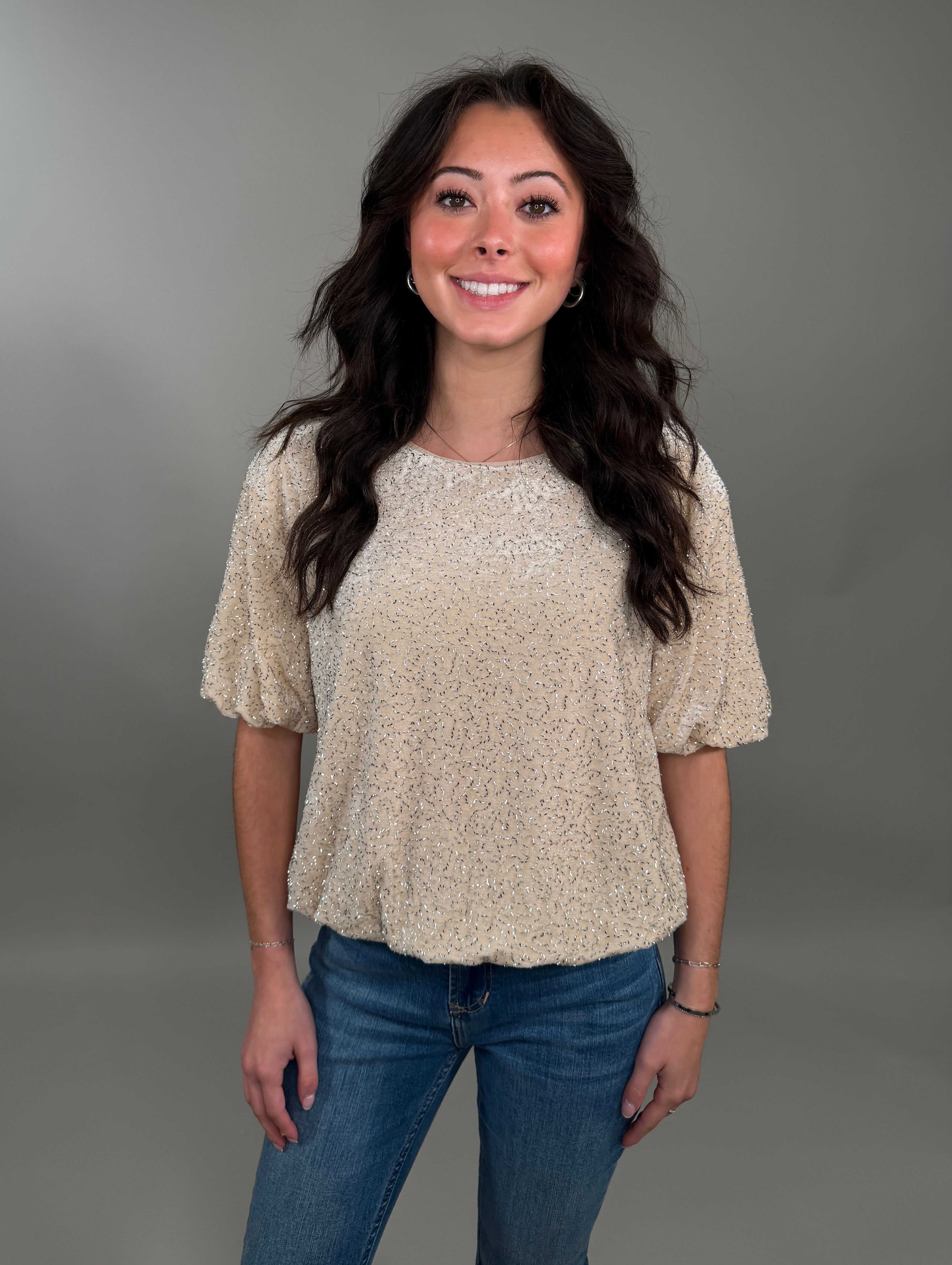 Knit Polyester Spandex Velvet Sequin Bubble Hem Top