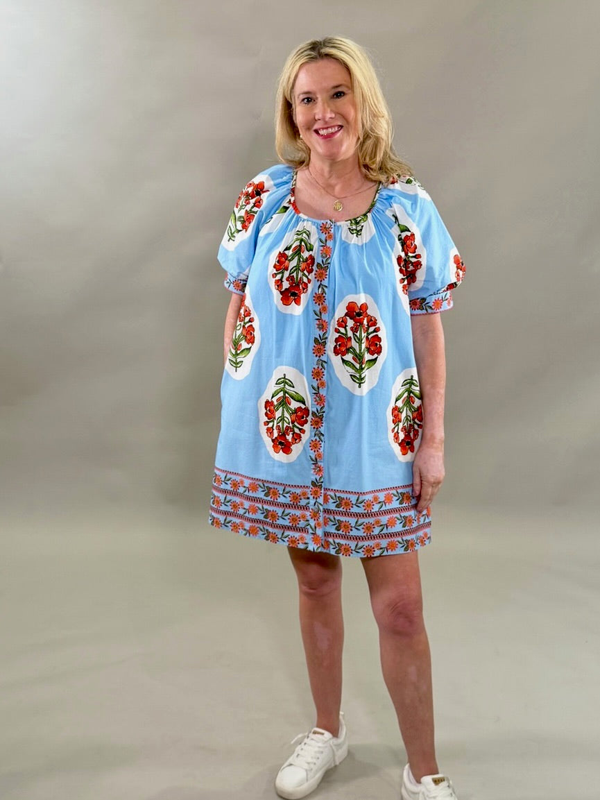 Blue with Red Florals Dress