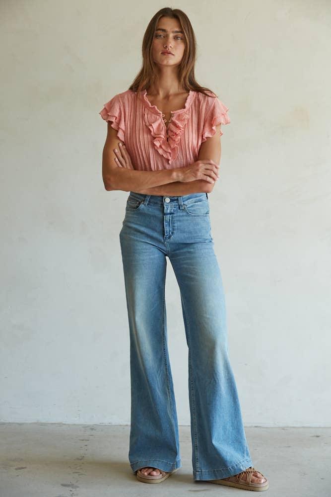 Woven Cotton Linen Button V-Neck Short Sleeve Top