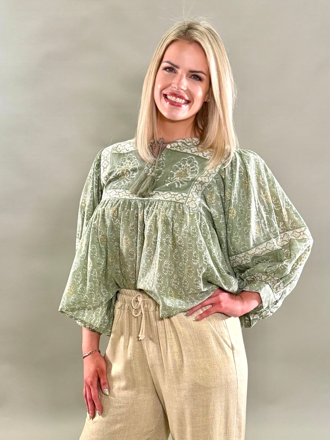 Boho Sage Floral Blockprint Blouse