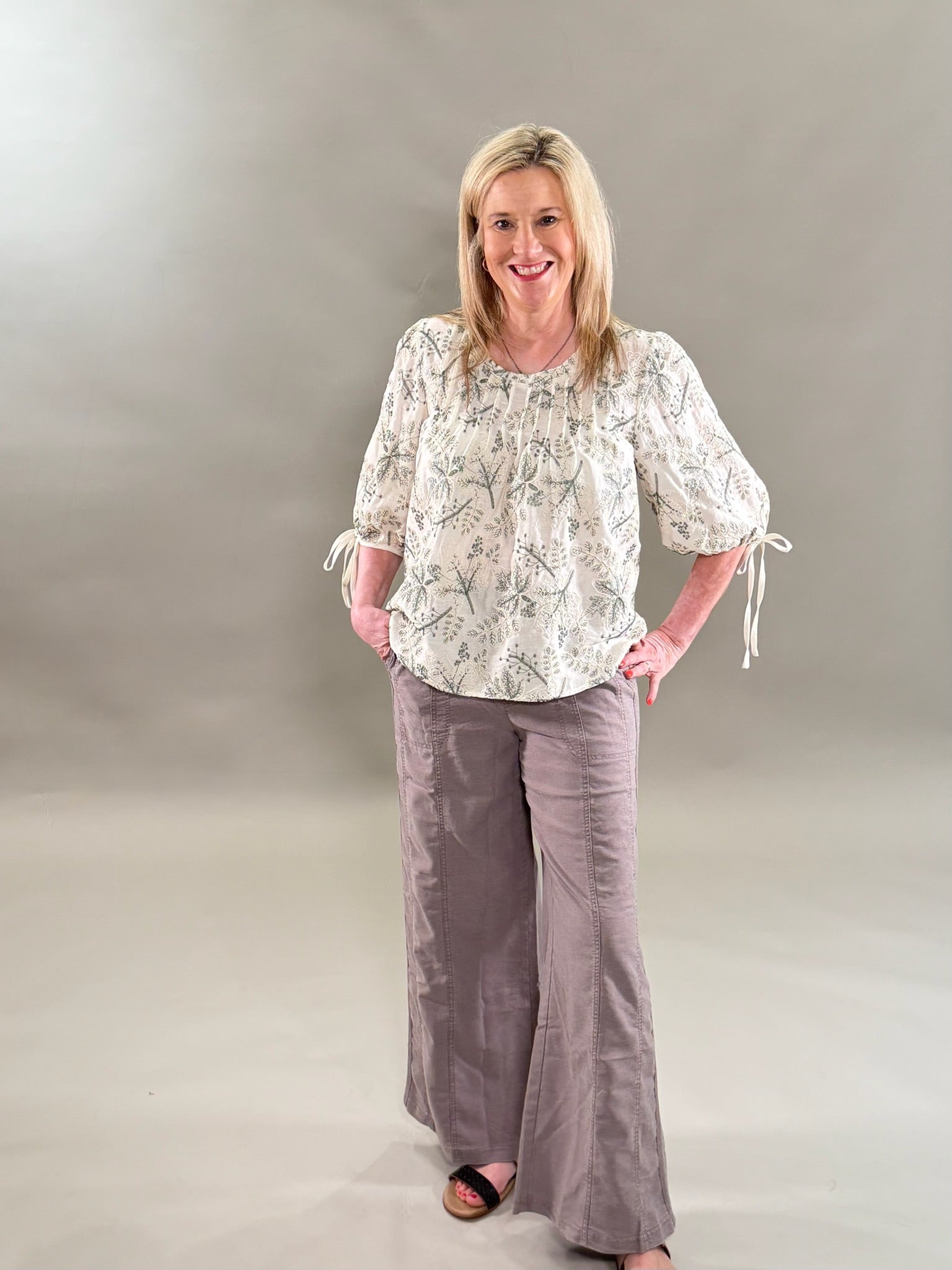 Cream and Green Embroidery Top