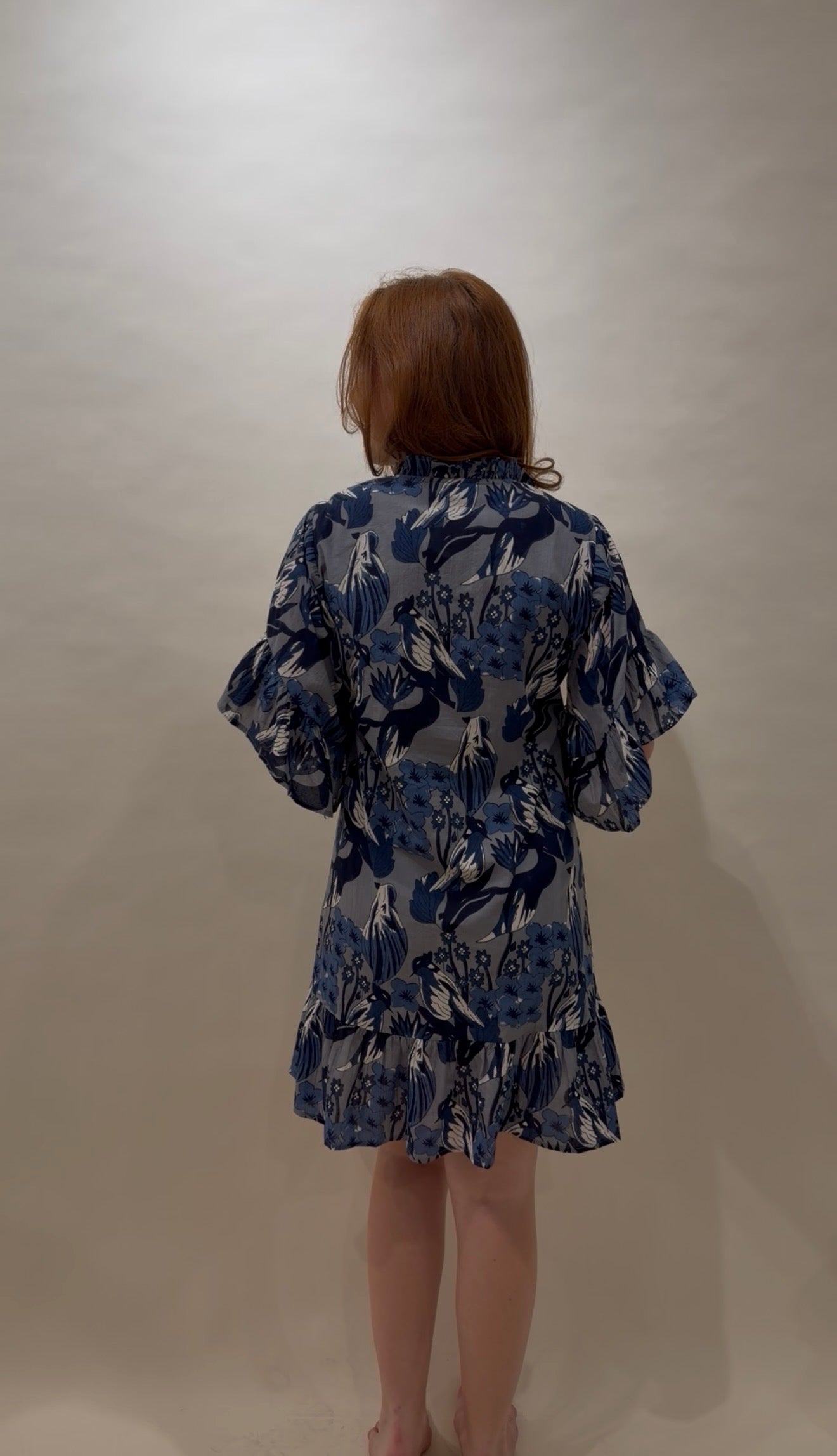 Indigo Bird Print Ruffle-Sleeve Caftan Mini