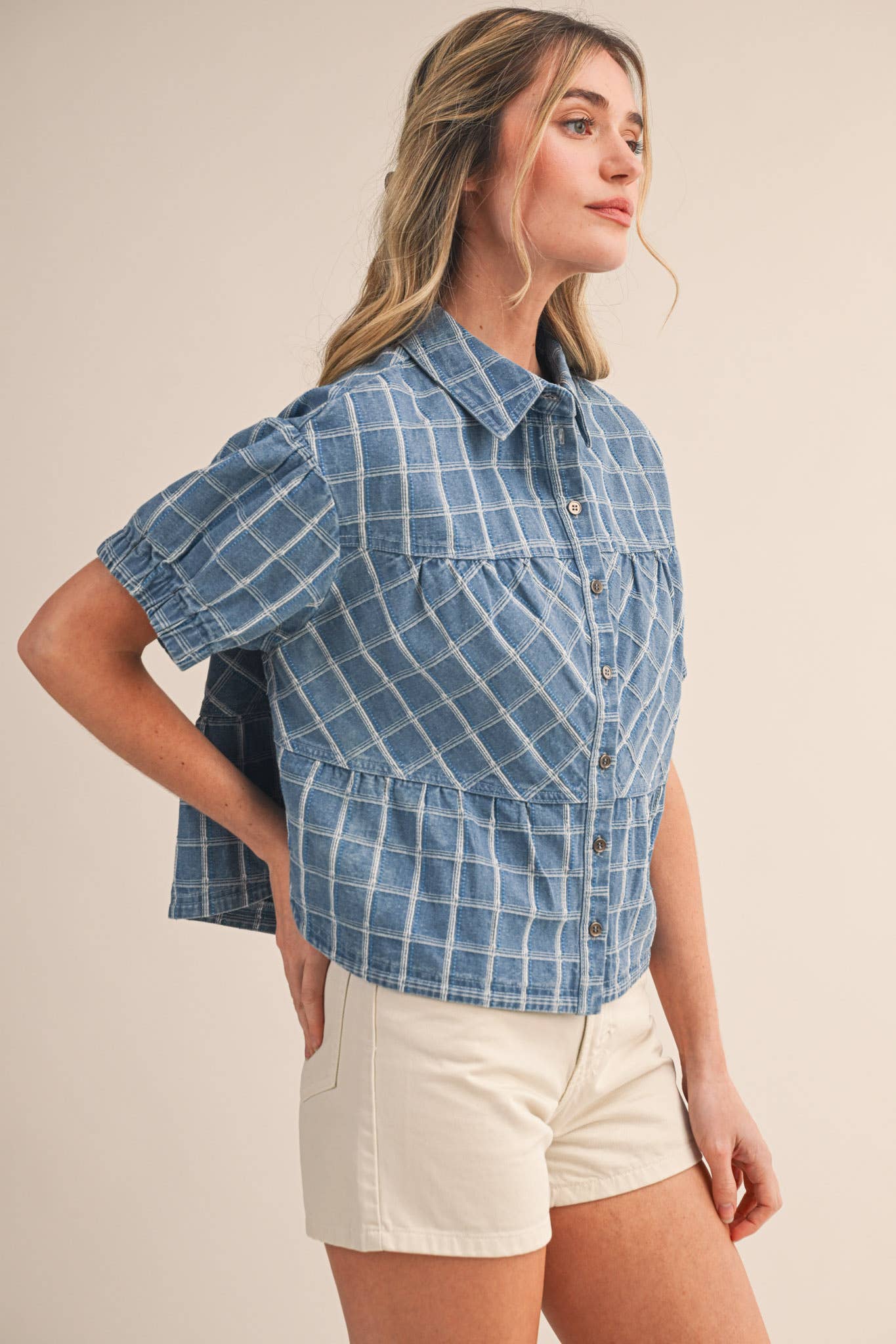Checkered Denim Button Down Top
