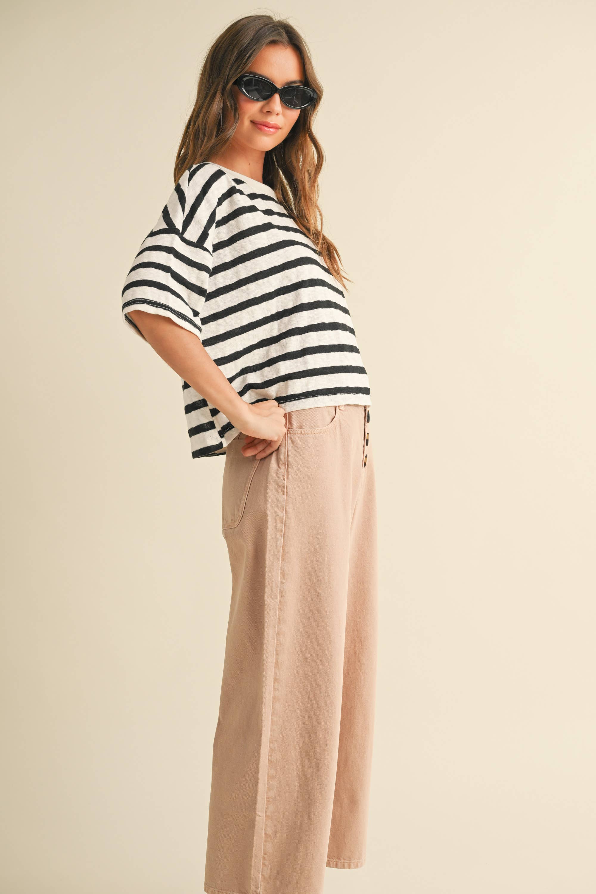 Striped Pattern Knitted Short Sleeve Top