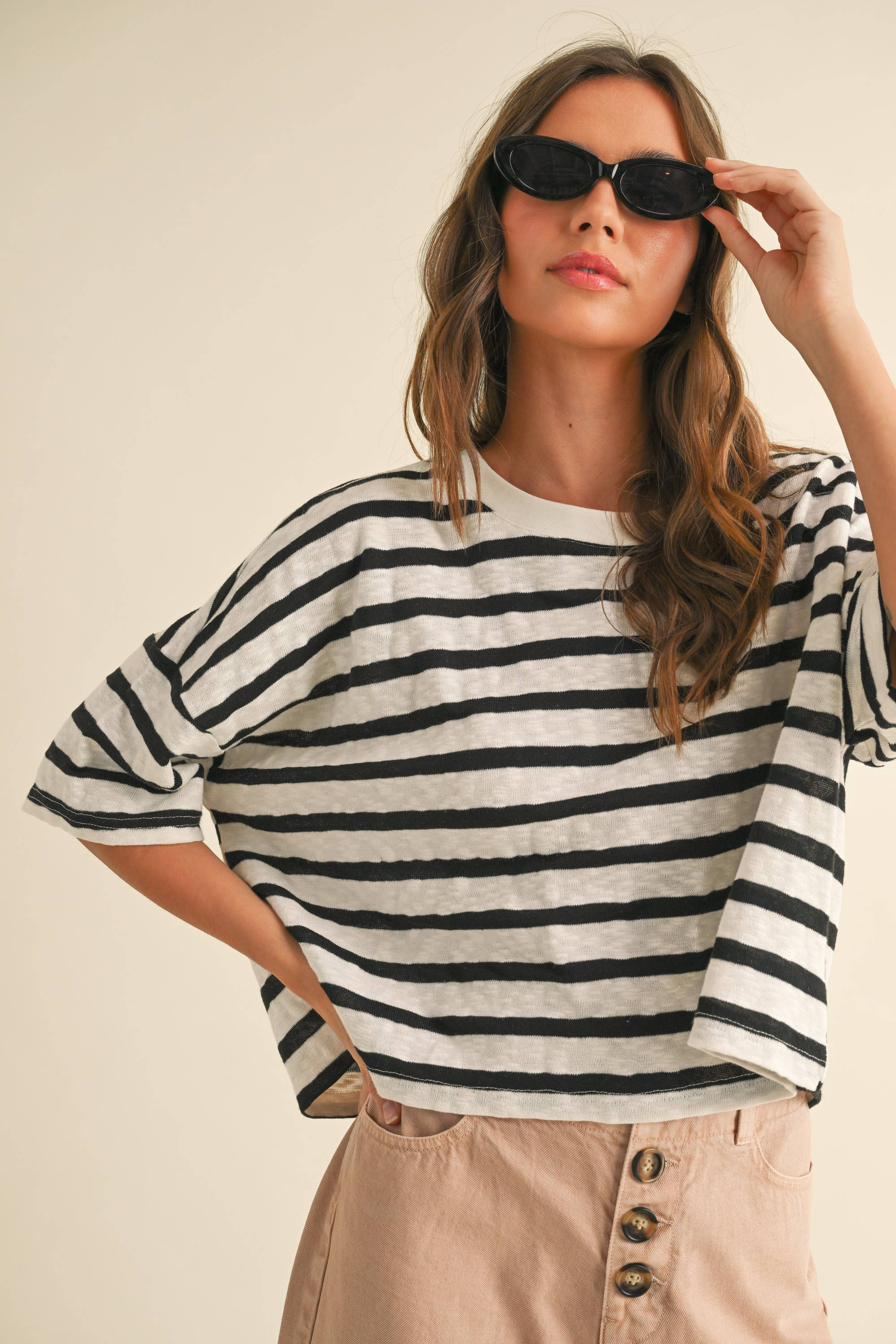 Striped Pattern Knitted Short Sleeve Top