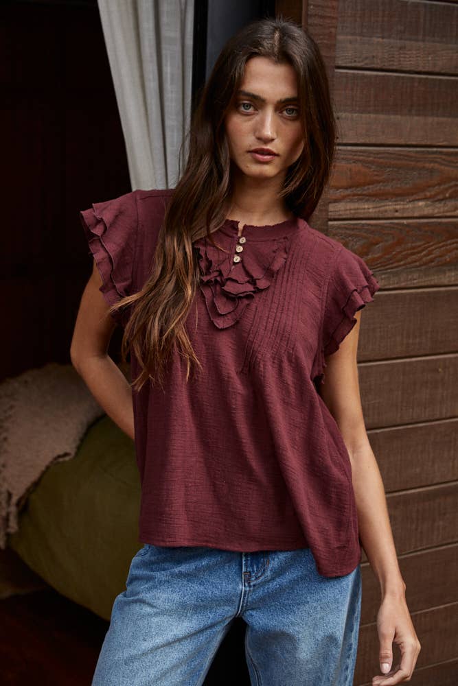 Woven Cotton Linen Button V-Neck Short Sleeve Top