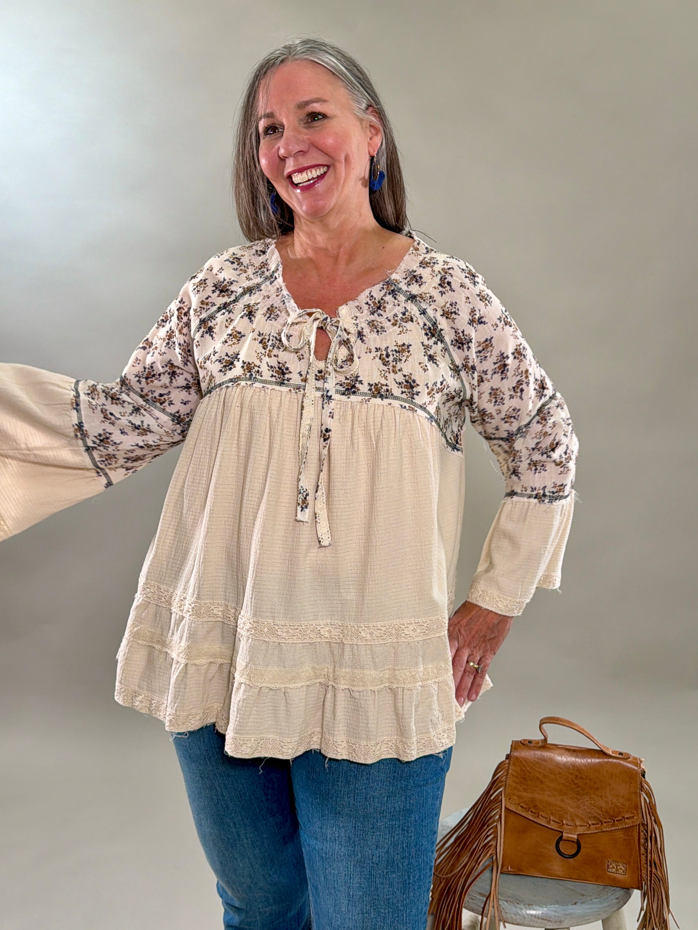 Mixed Media Floral Embroidered Blouse