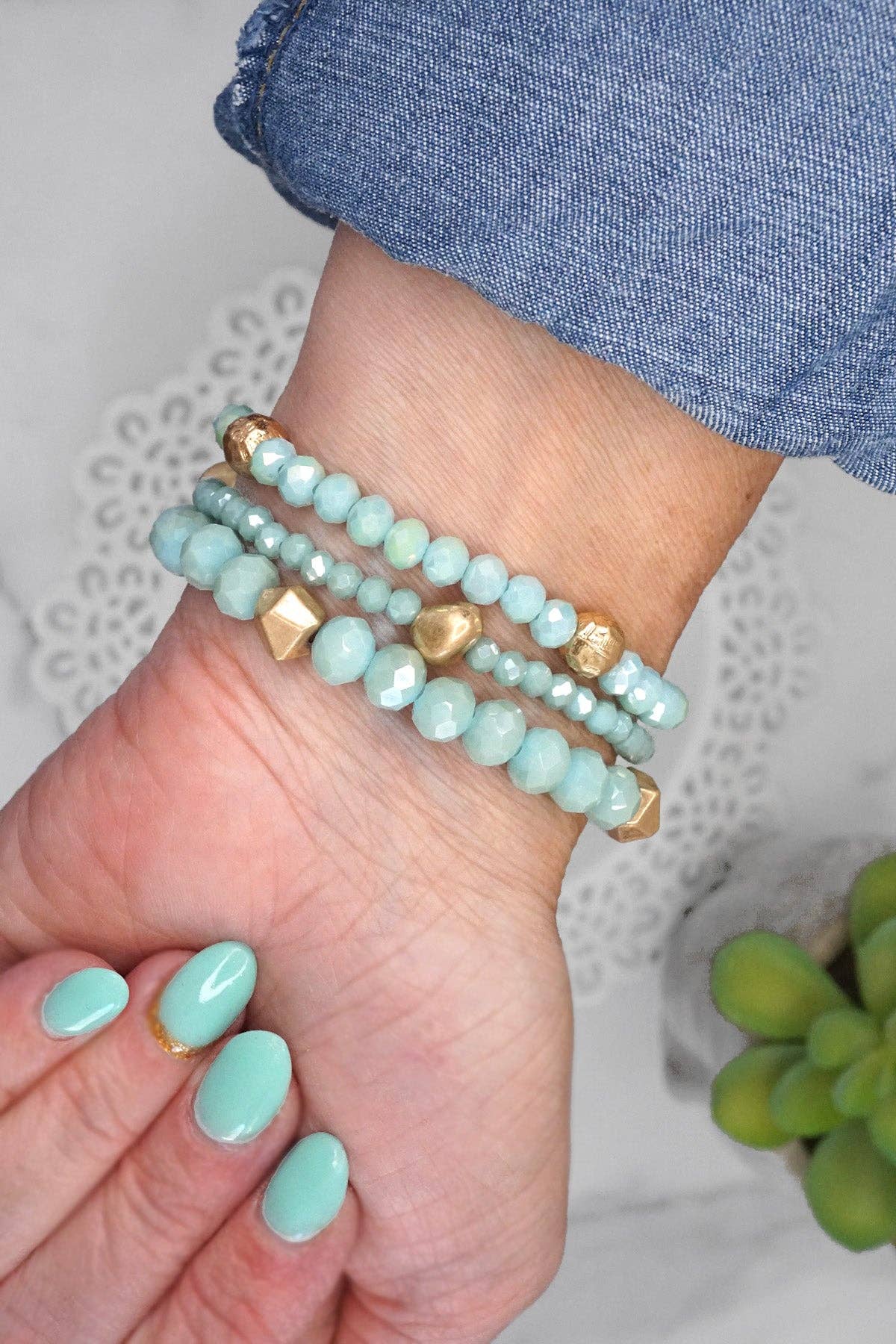 Beaded bracelet stack with tassel coin Aqua Taupe Rose Black