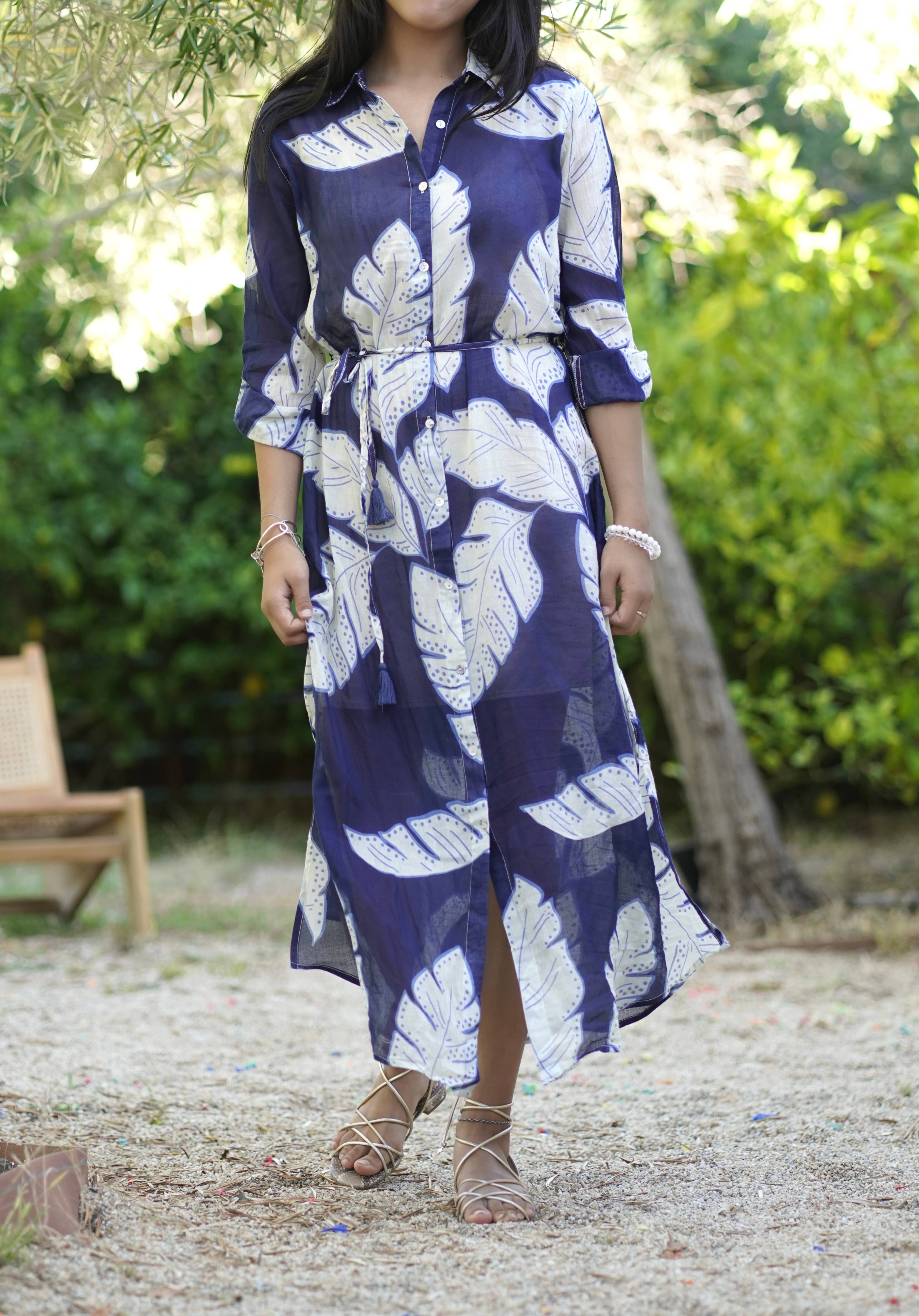 Navy Palm Leaf Shirt Dress