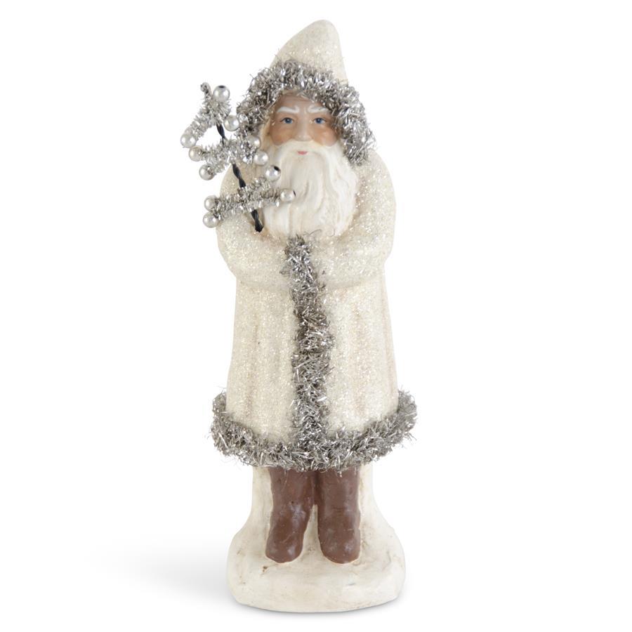 12" Cream Glittered Santa Trimmed in Silver Tinsel