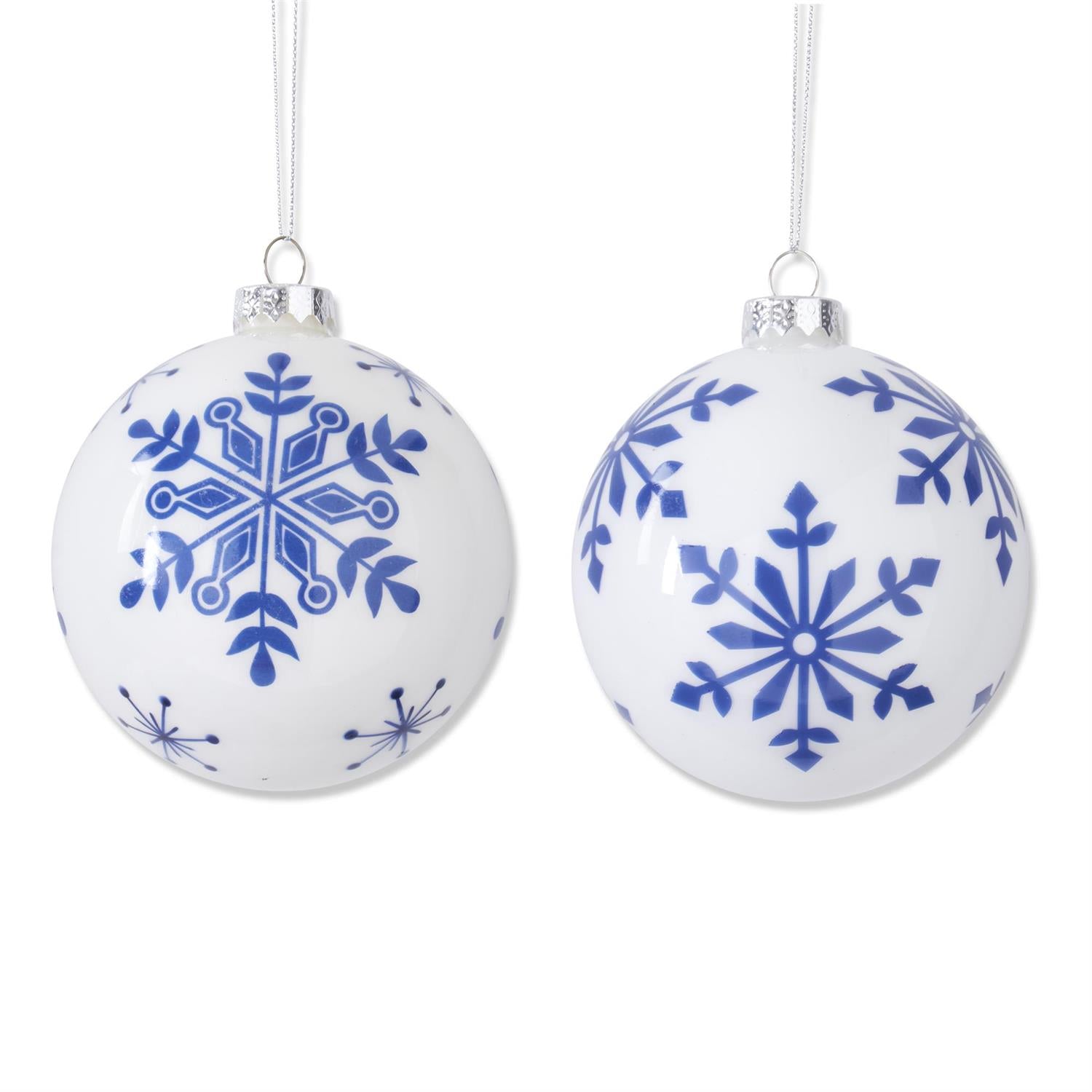 Assorted 4.25" Inch White w/ Blue Snowflakes Glass Round Ornaments