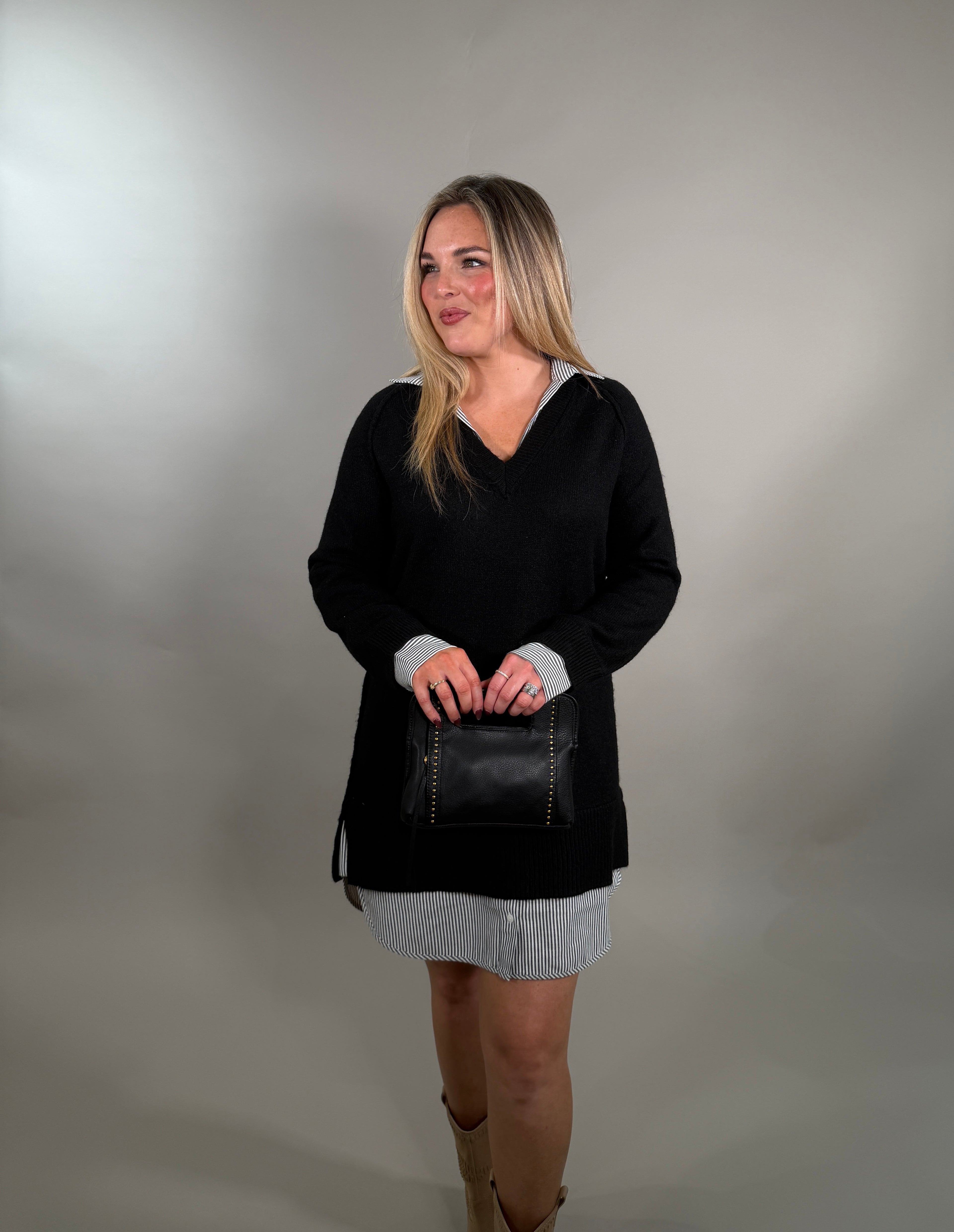 Layered V-Neck Black Sweater with Attached Shirt