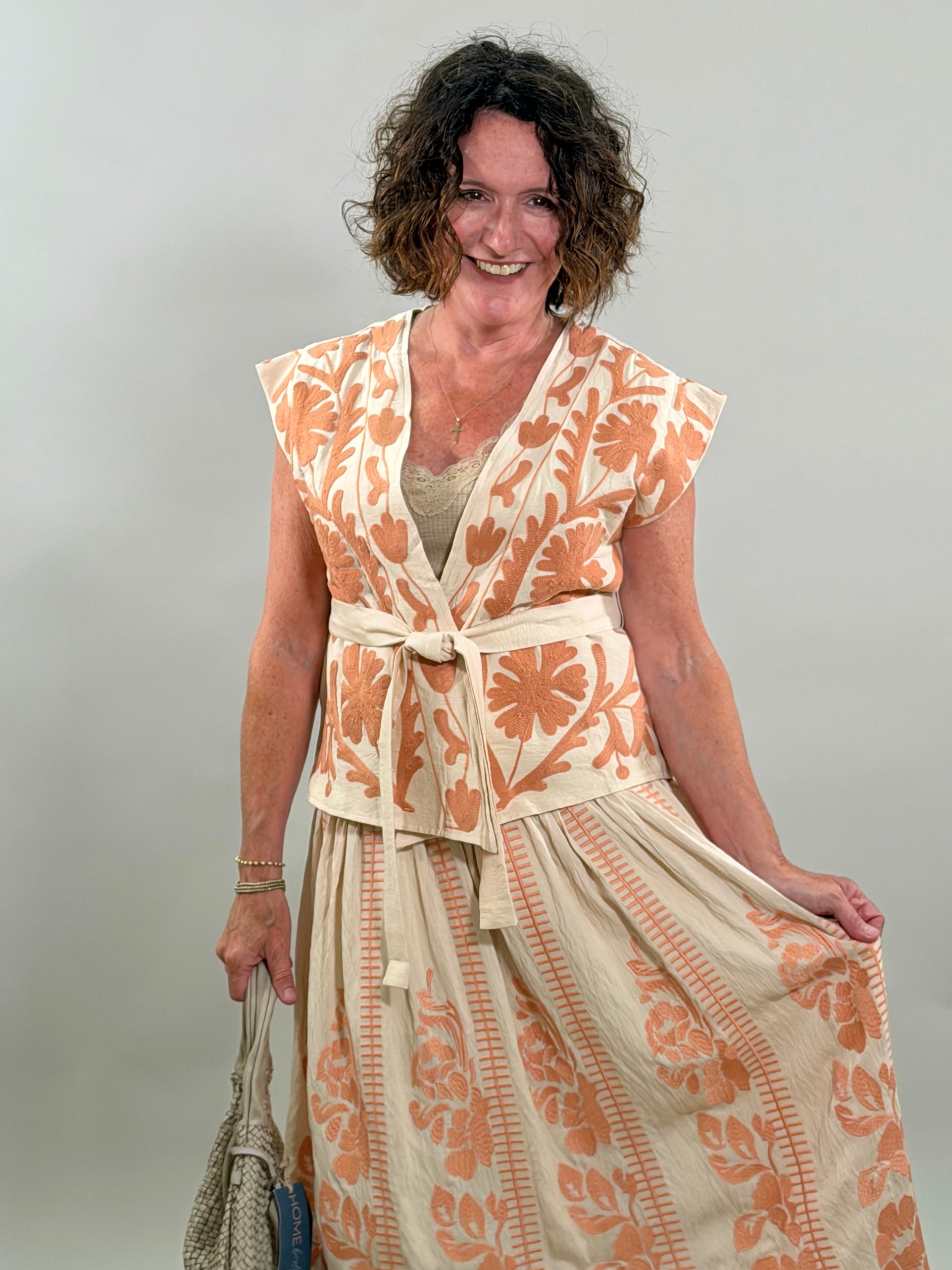 Coral Embroidered Vest with Belt