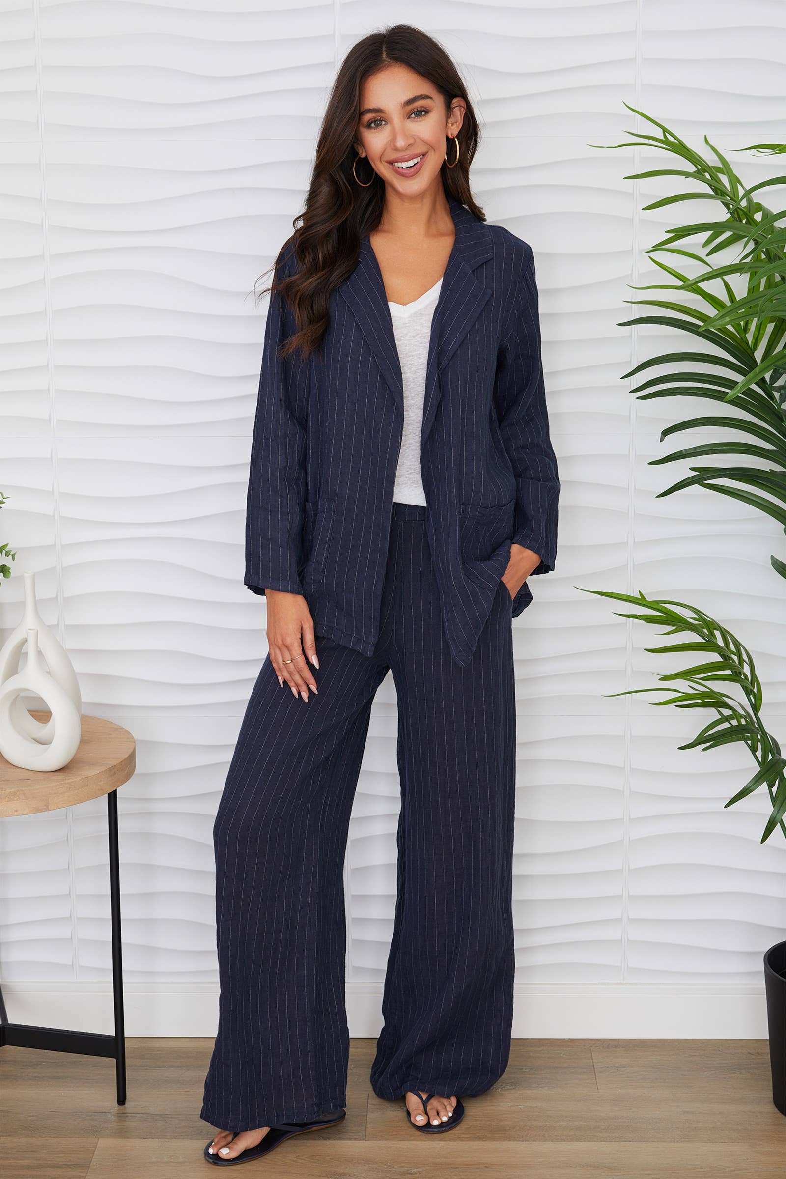 Linen Pinstripe Flat Front Pants