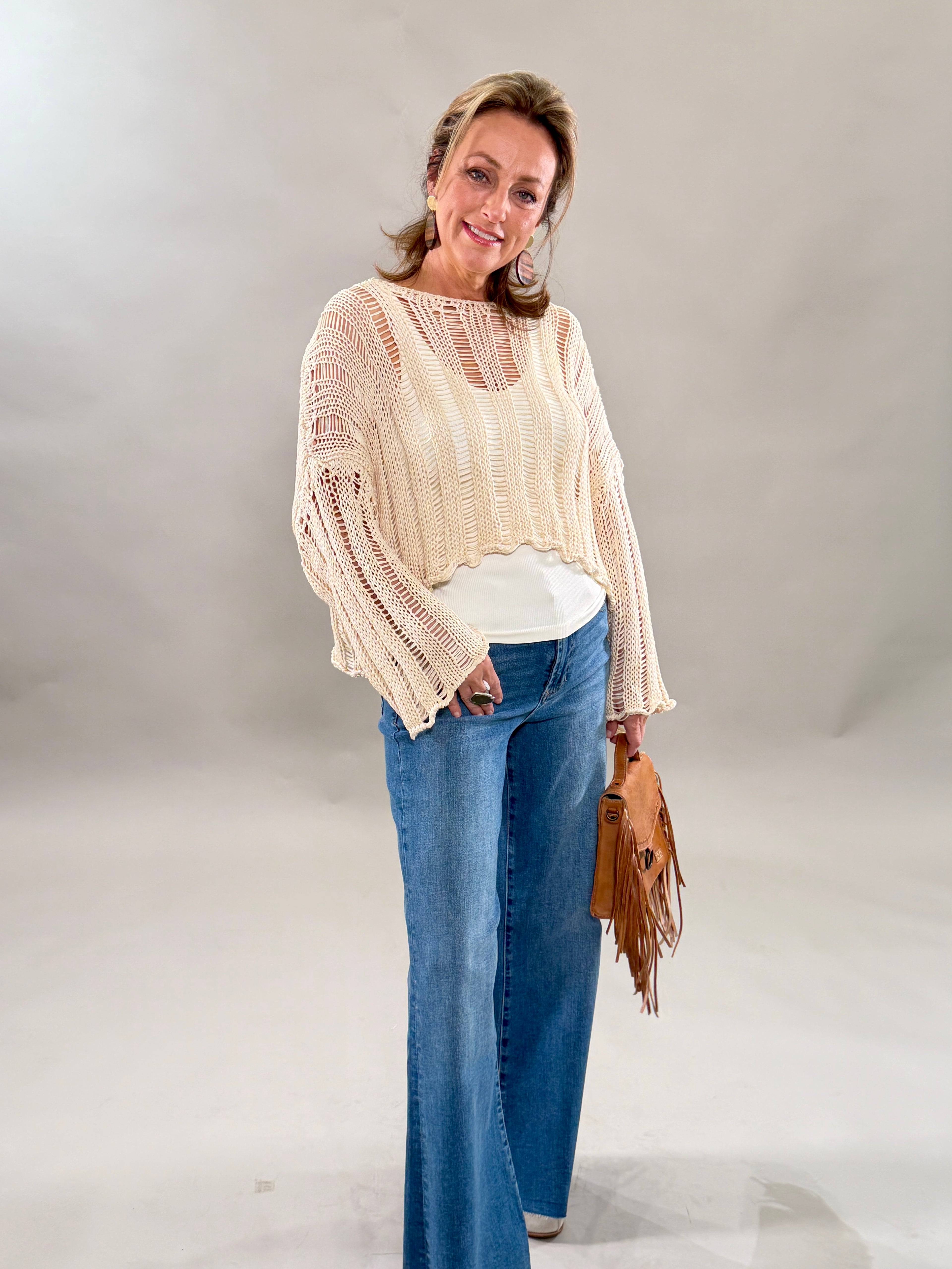 Crew Neck Long Sleeve Open Knit Crochet Top