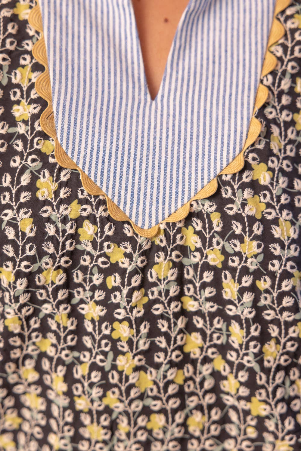 Floral Embroidered Striped Color Block Top