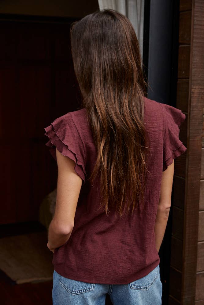 Woven Cotton Linen Button V-Neck Short Sleeve Top