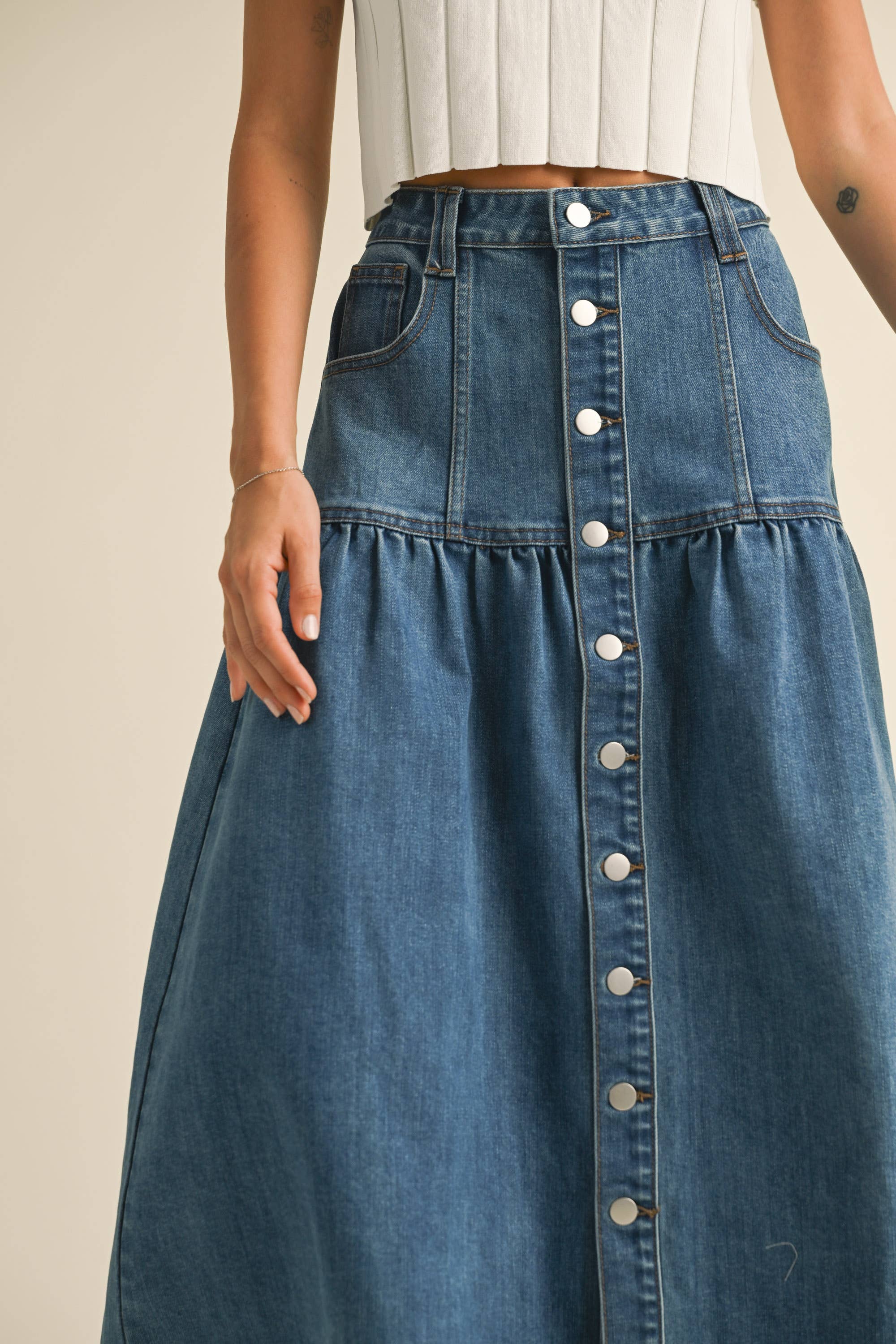 Button Down Bohemian Denim Skirt
