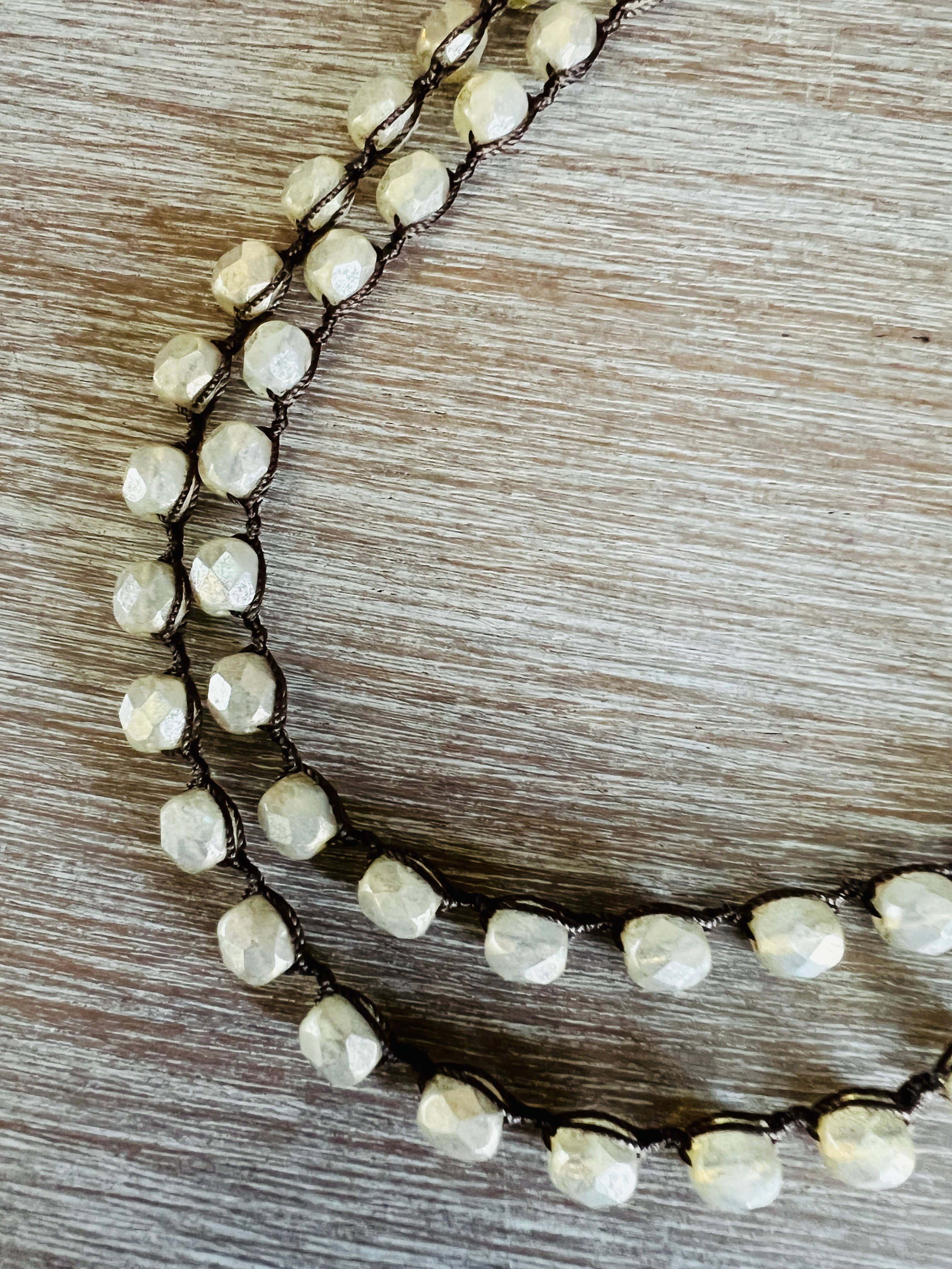 Ivory Cream Shimmer Long Layering Necklace To Wrap Or Double