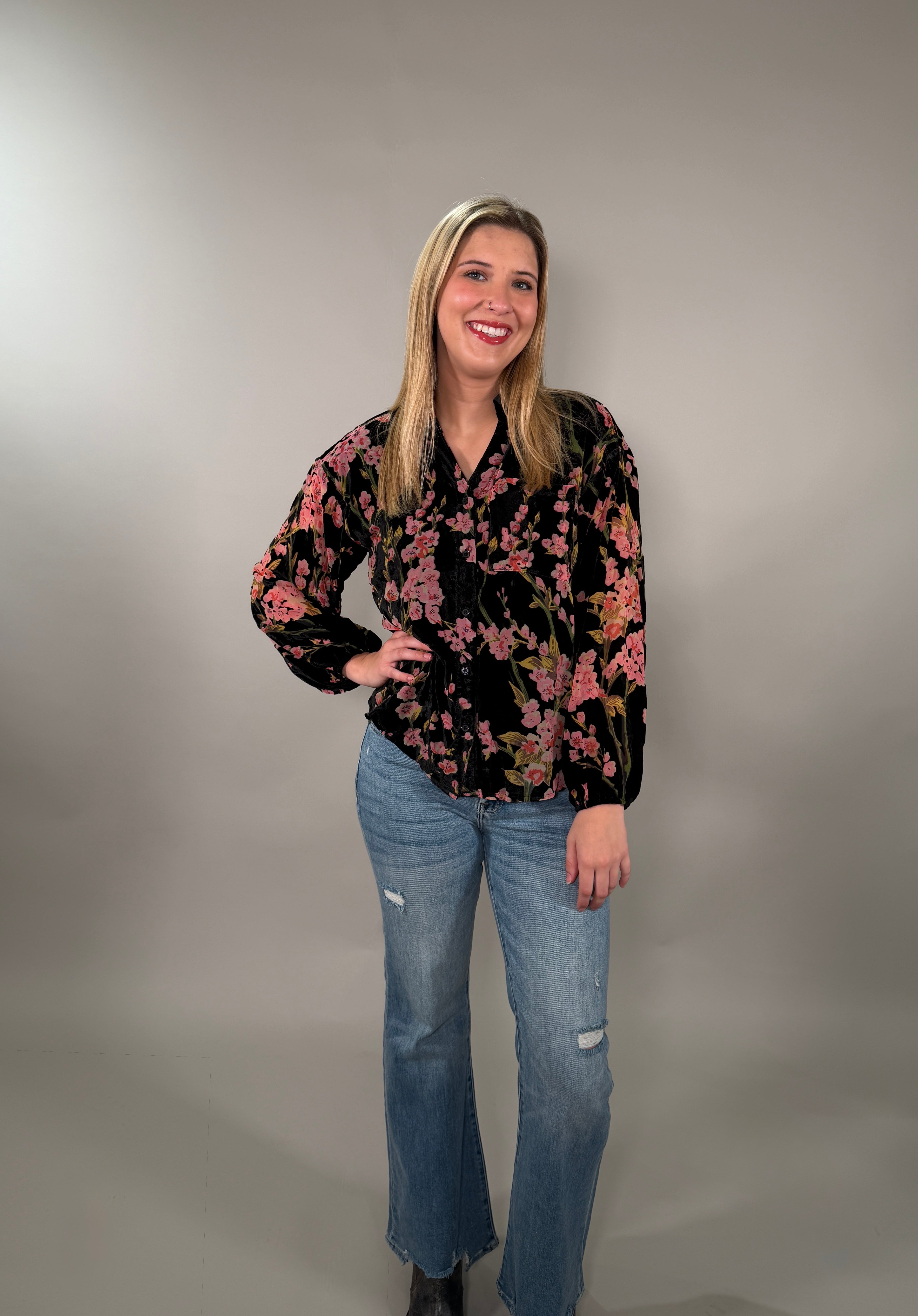 Velvet Cherry Blossom Button-Up Blouse