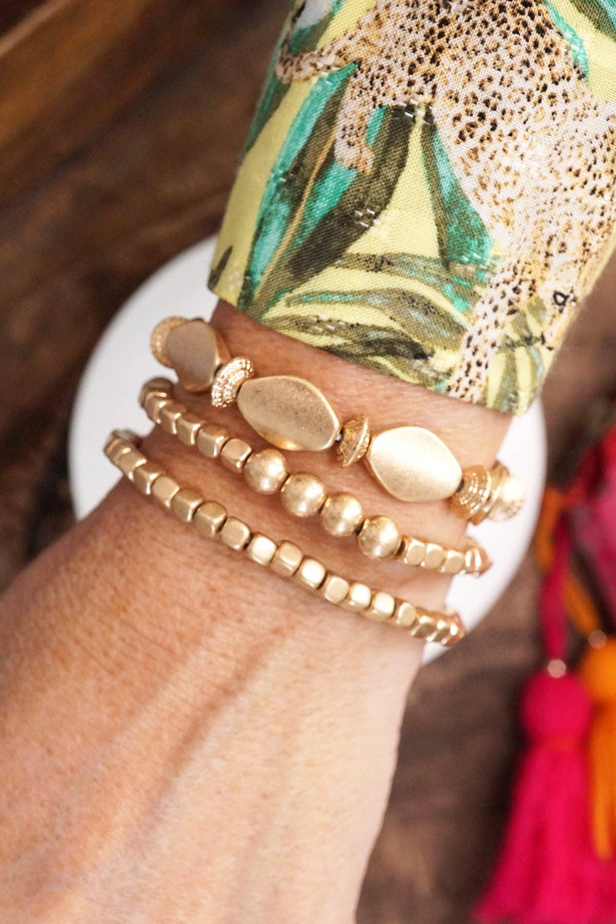 Worn Gold tone 3 Boho bracelets stack multi size ball beaded