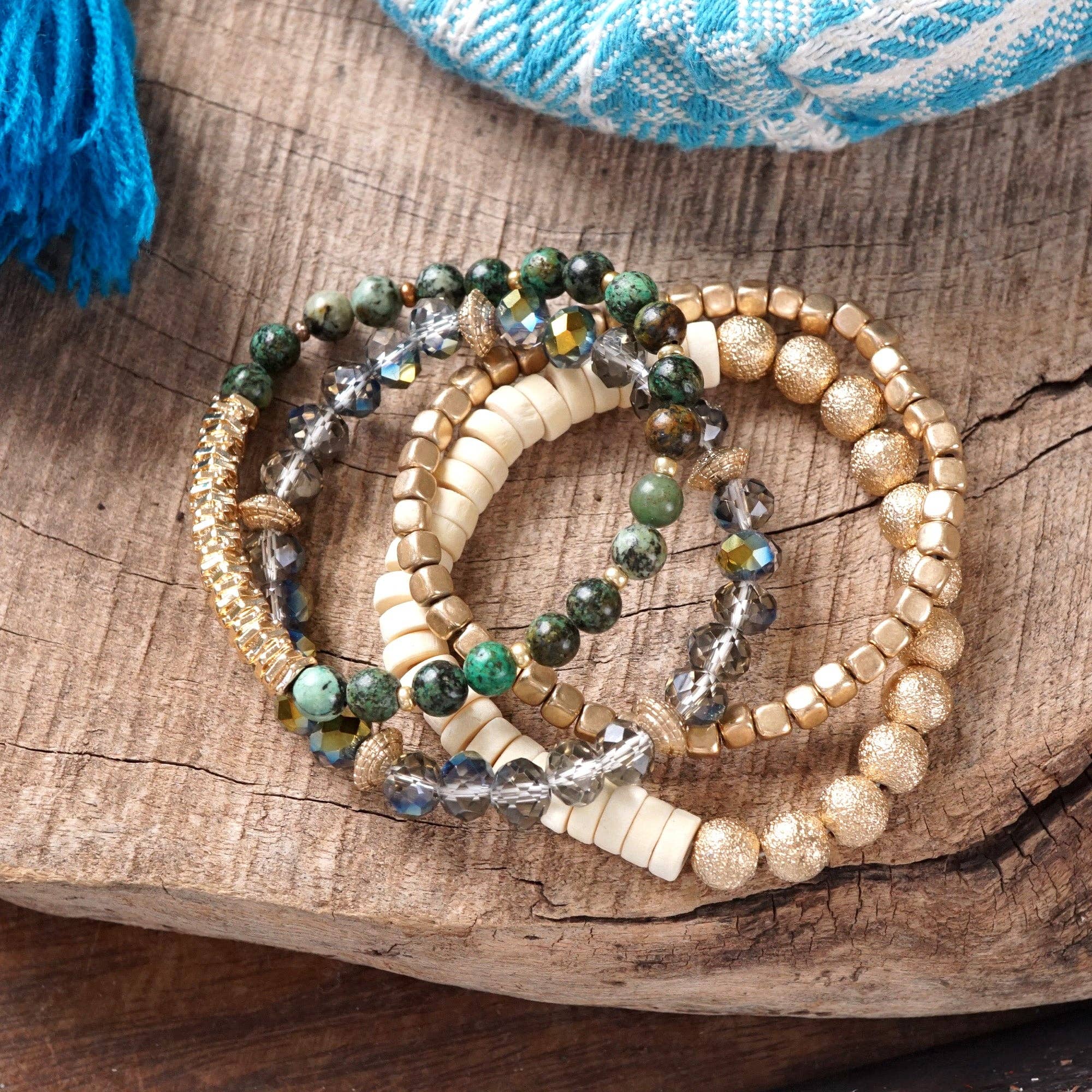 Bracelets stack of 4 piece beaded with Dark Green Semi Precious stones glass wooden and golden beads
